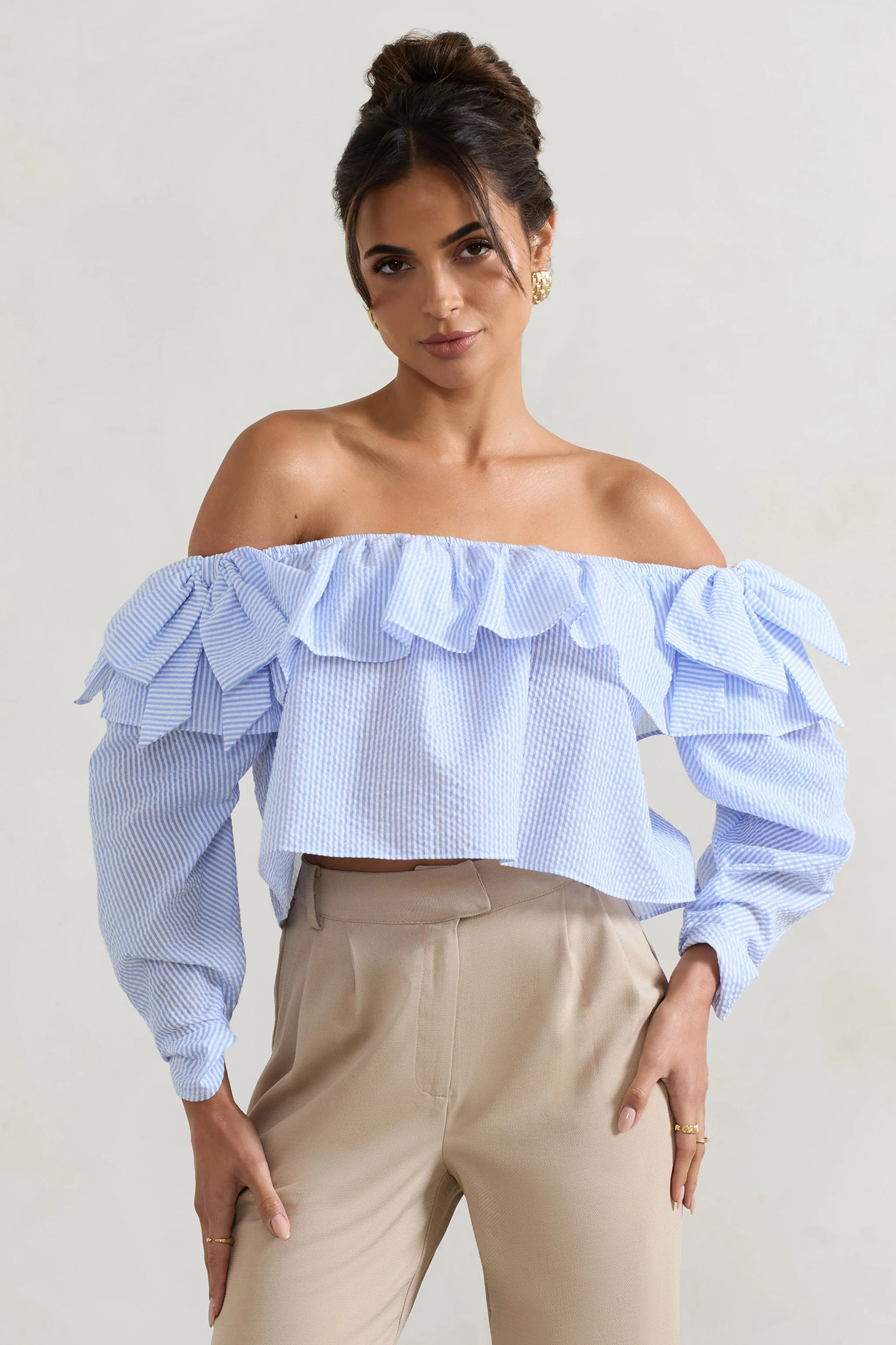 Harbour | Blue Pinstripe Bardot Puff-Sleeve Top With Bows - Image 4