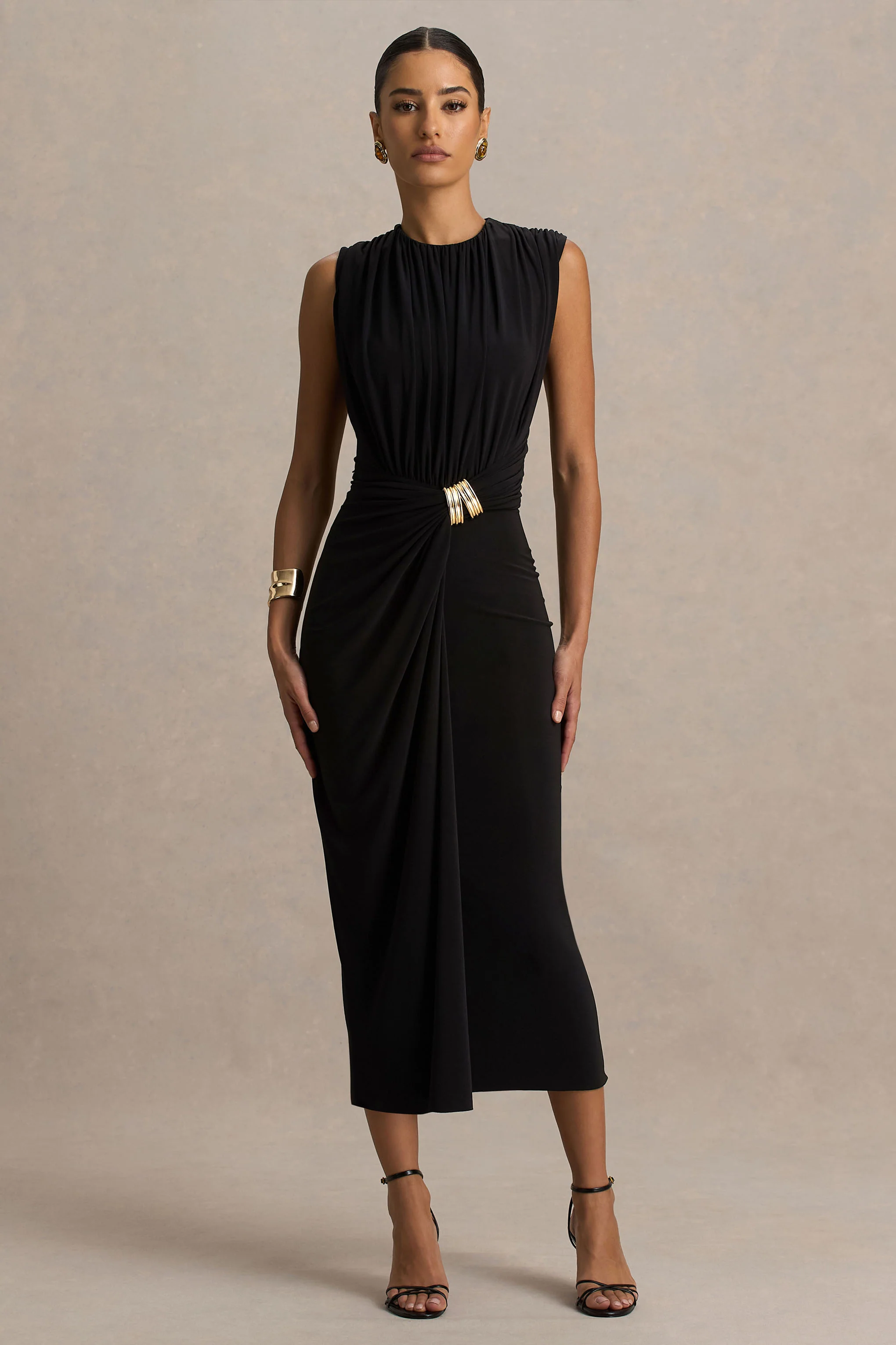 Harlow | Black Crew-Neck Wrapped Midi Dress - Image 4