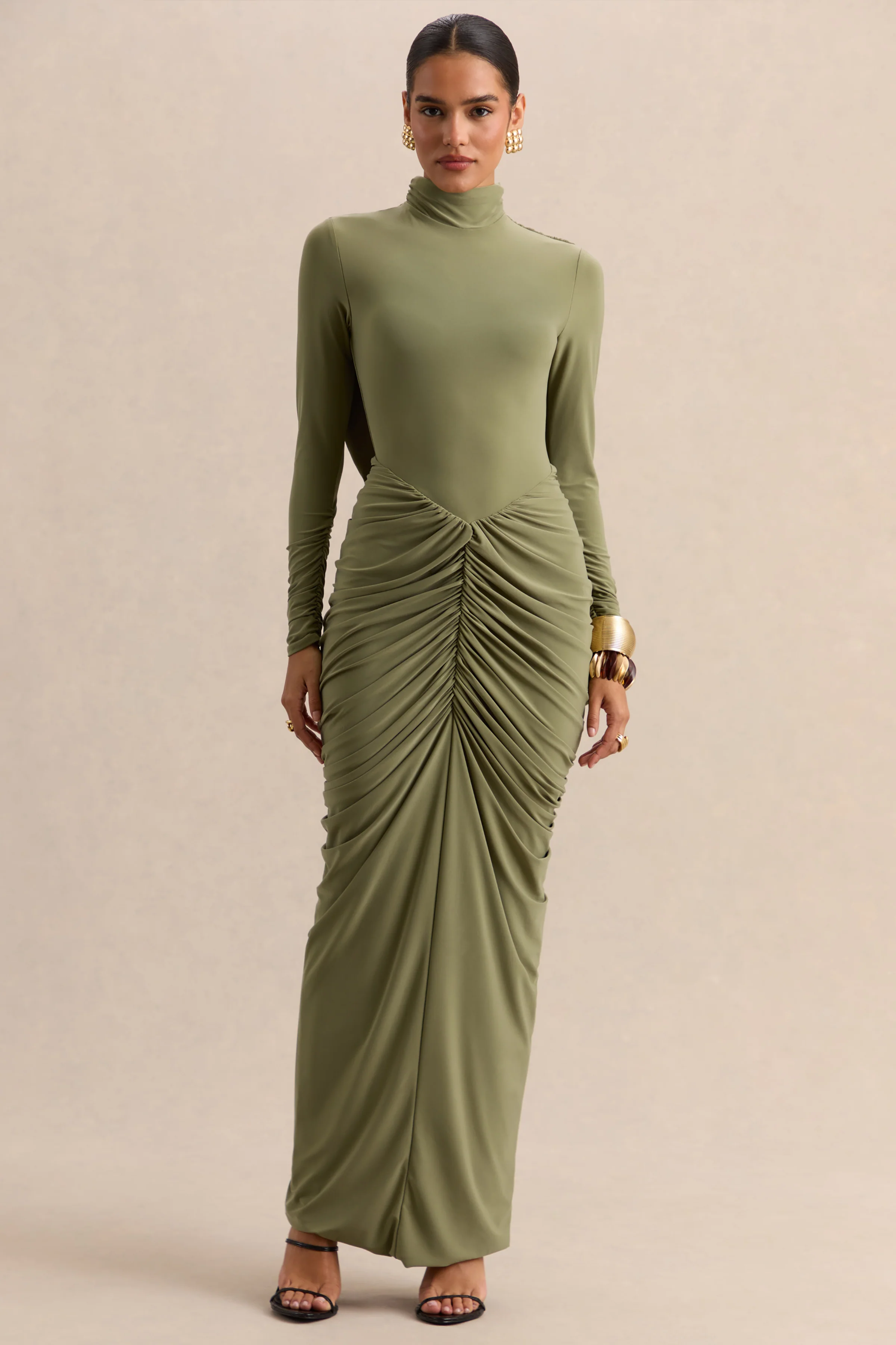 Harmona | Olive High-Neck Maxi Dress With Gathered And Draped-Detailing - Image 4