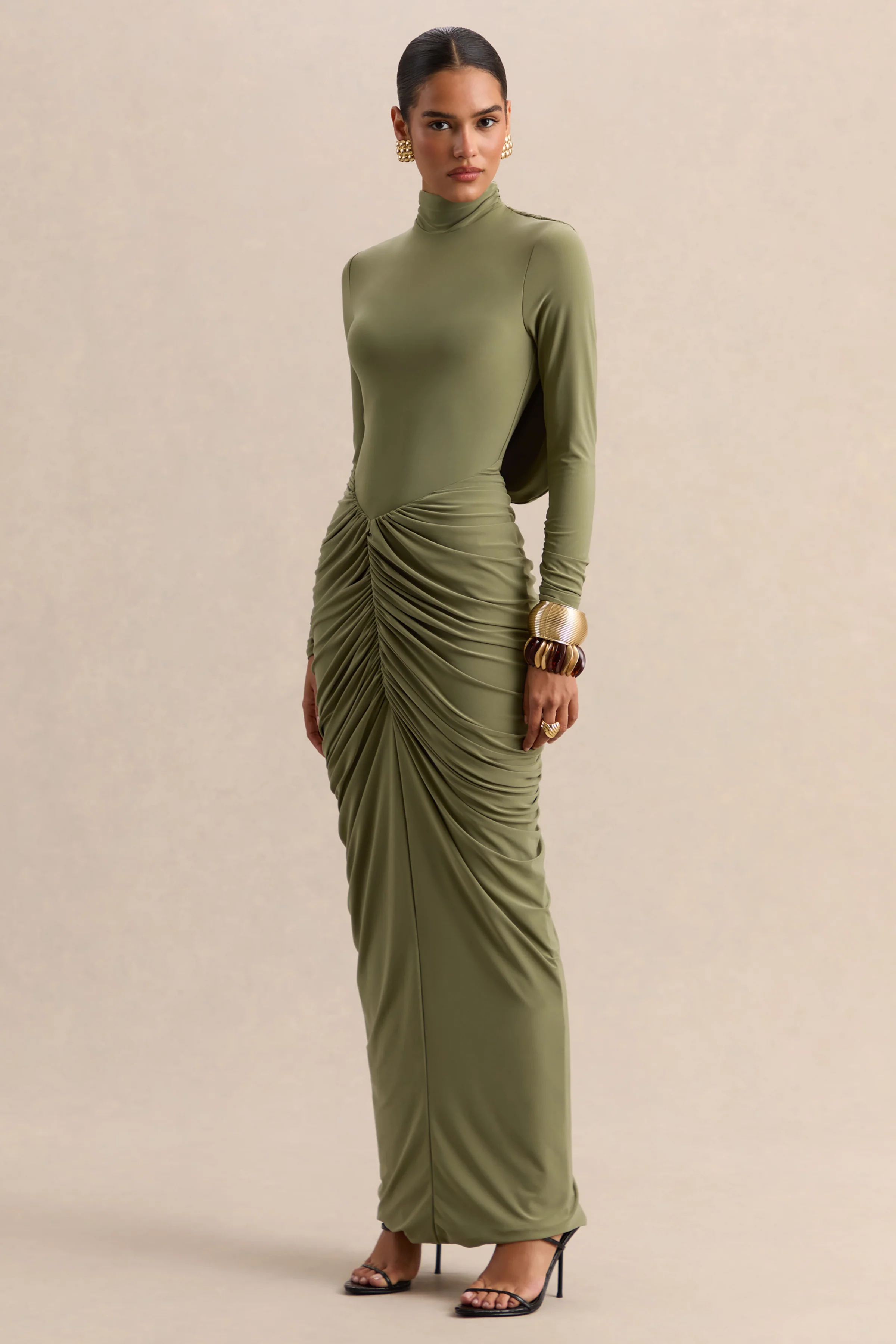 Harmona | Olive High-Neck Maxi Dress With Gathered And Draped-Detailing - Image 5