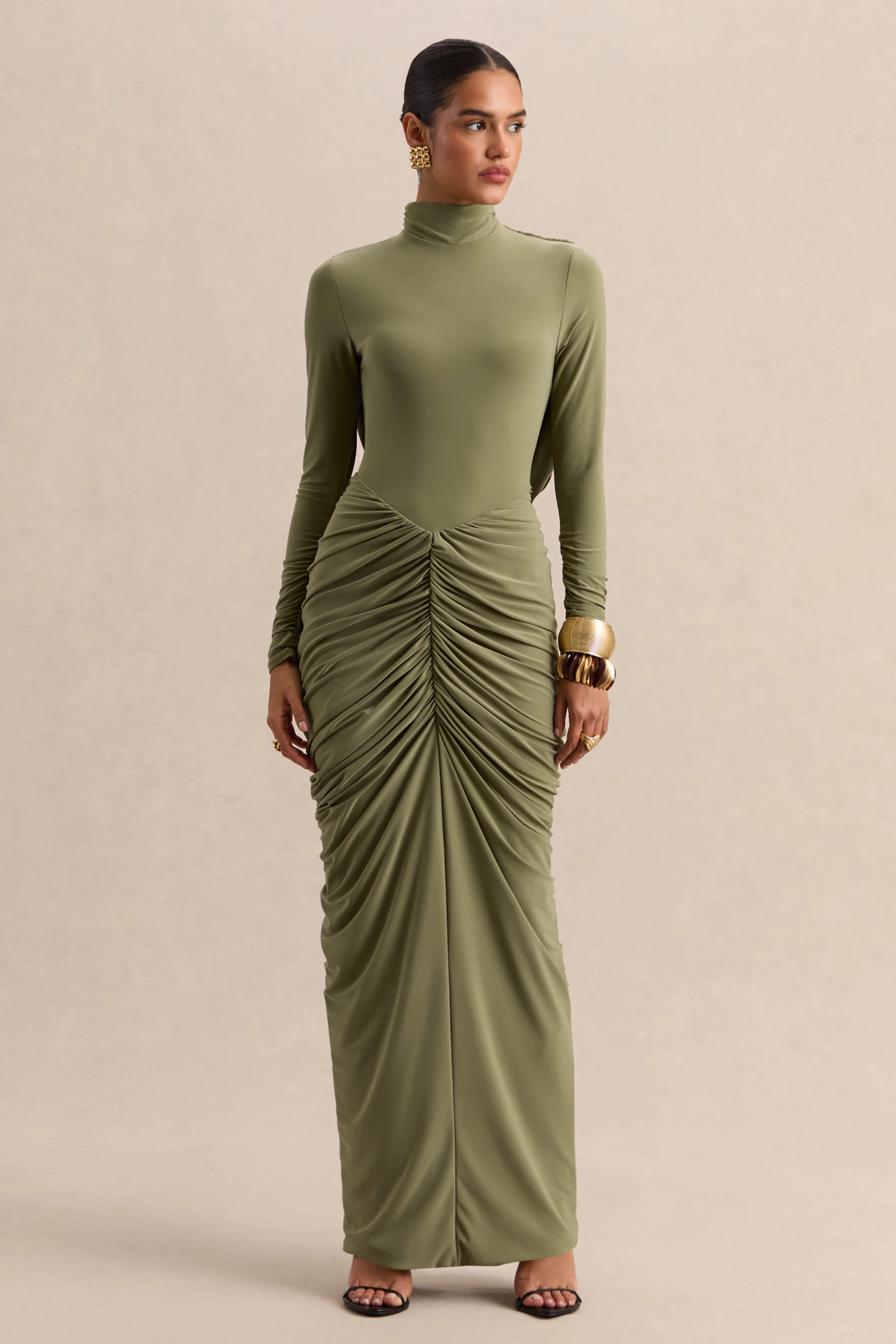 Harmona | Olive High-Neck Maxi Dress With Gathered And Draped-Detailing - Image 6