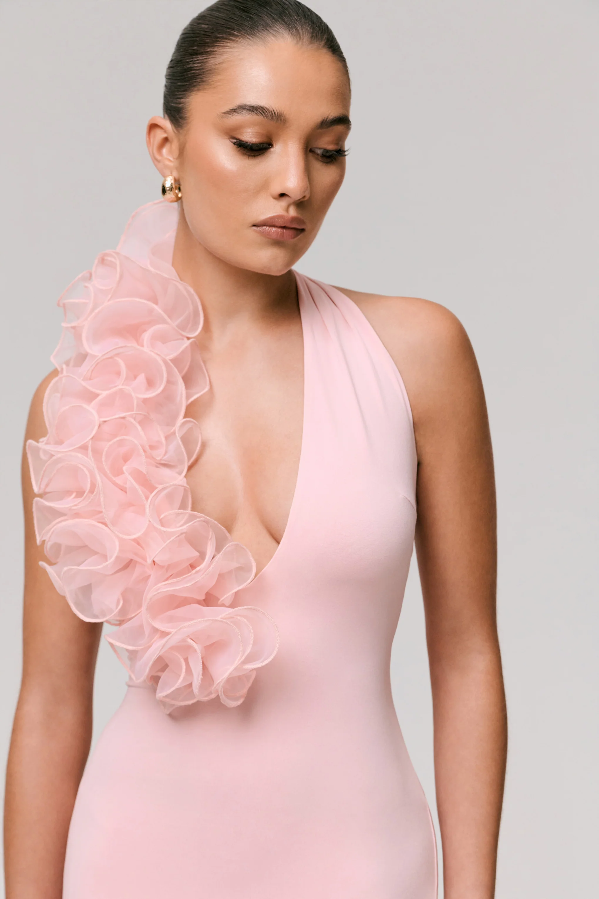 Harriet | Pink Plunge-Neck Maxi Dress With Floral Detail - Image 5
