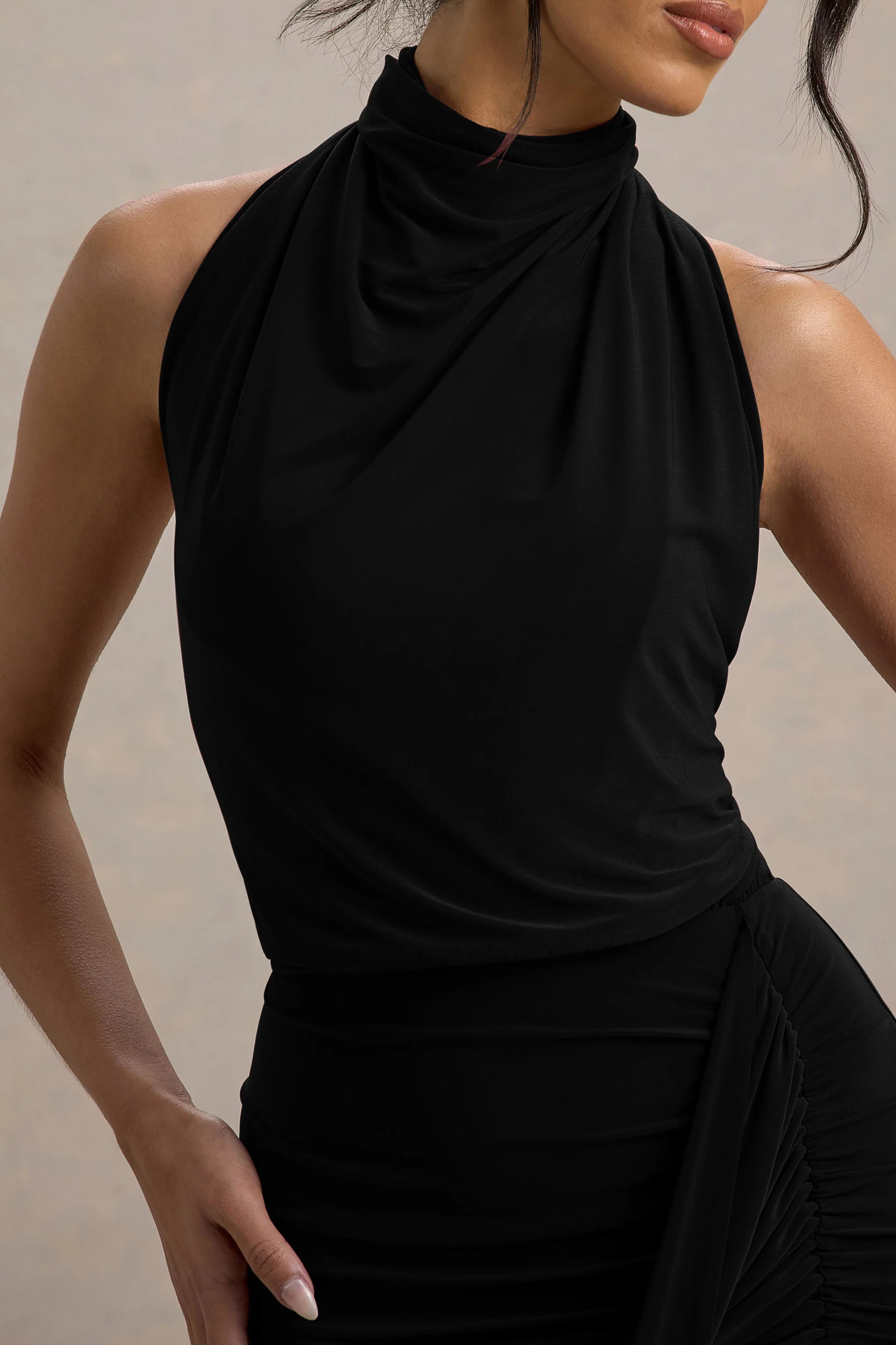 Hayden | Black High-Neck Draped Split Maxi Dress - Image 5