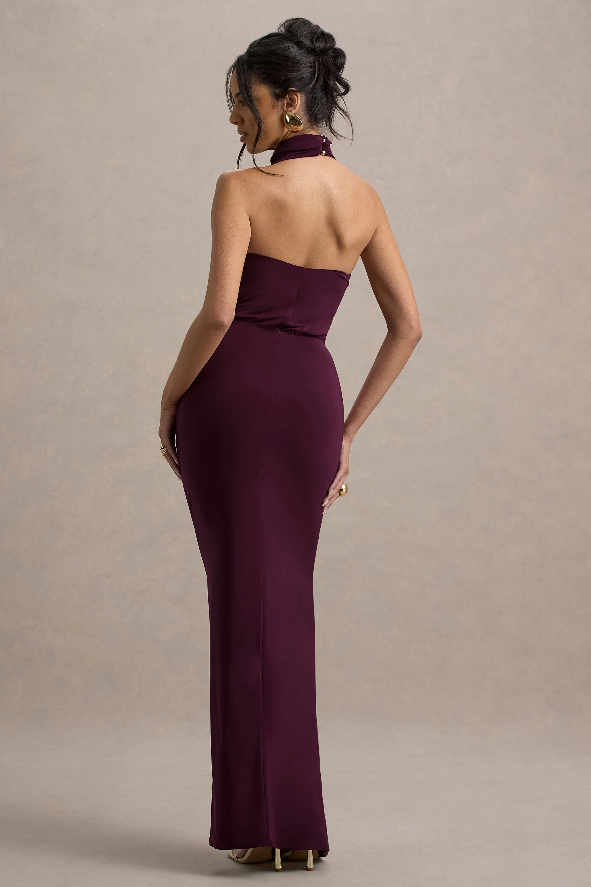 Hayden | Burgundy High-Neck Draped Split Maxi Dress - Image 2