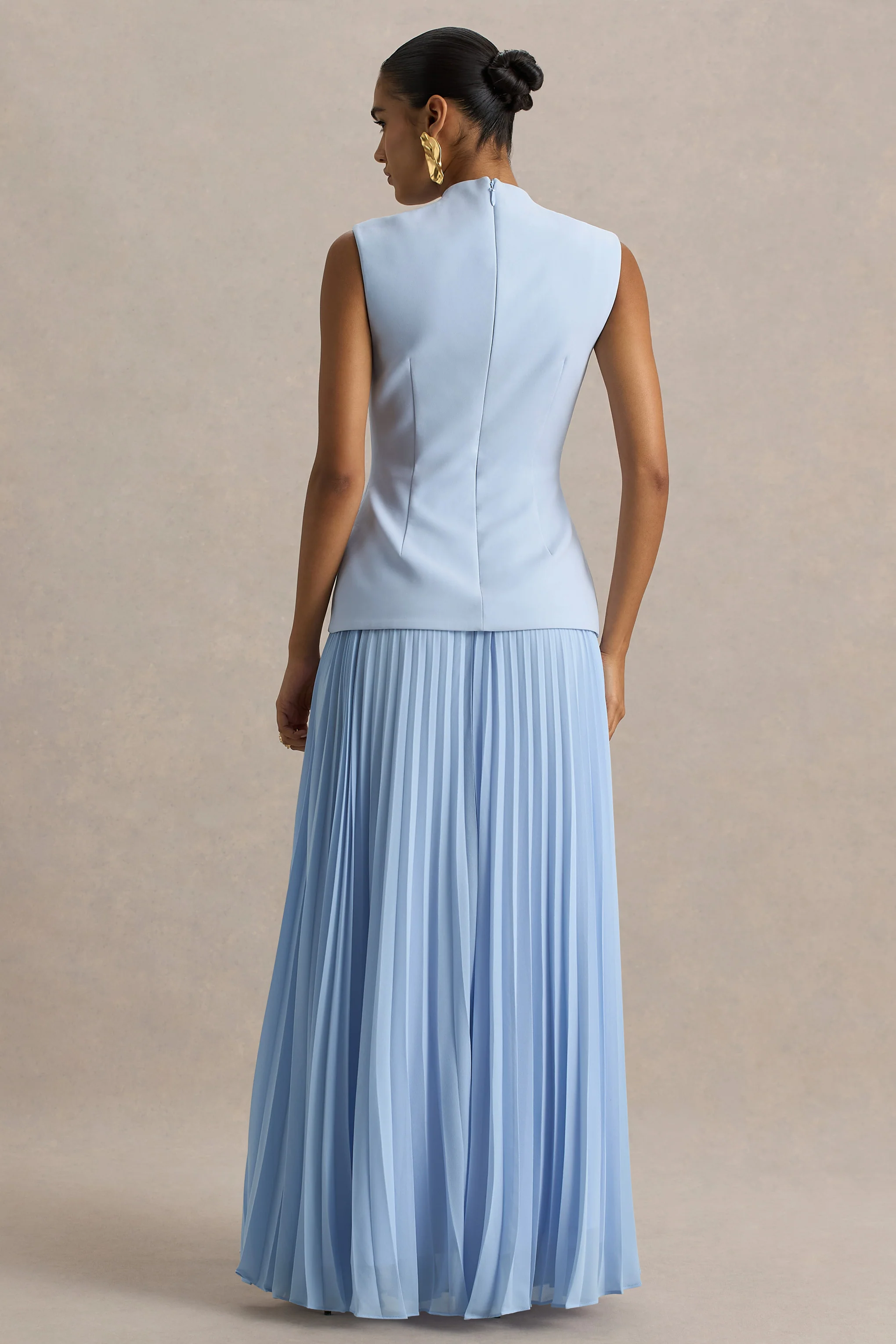 Heavenly | Powder Blue High Neck Maxi Dress With Pleated Detailing - Image 2