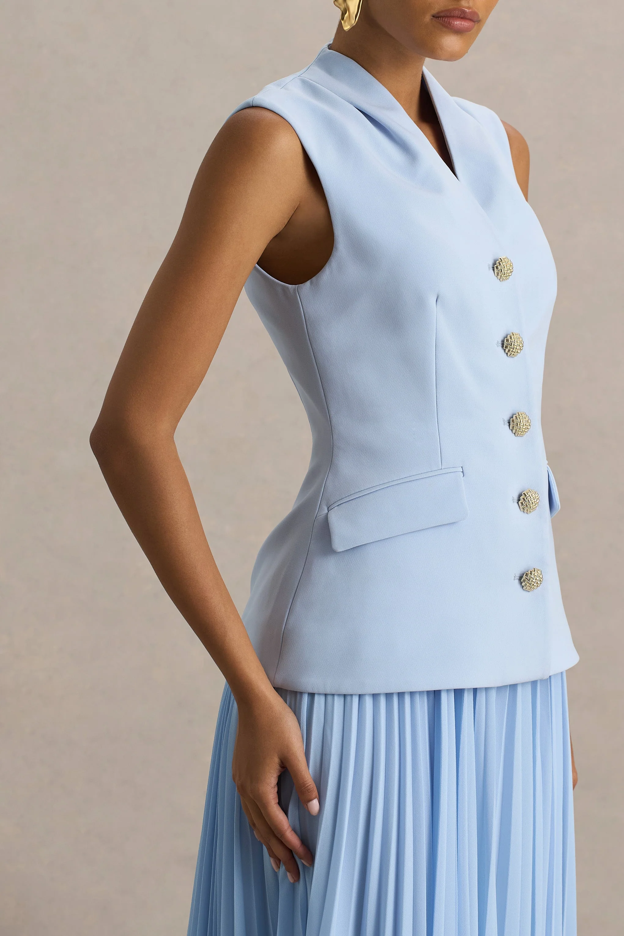 Heavenly | Powder Blue High Neck Maxi Dress With Pleated Detailing - Image 4