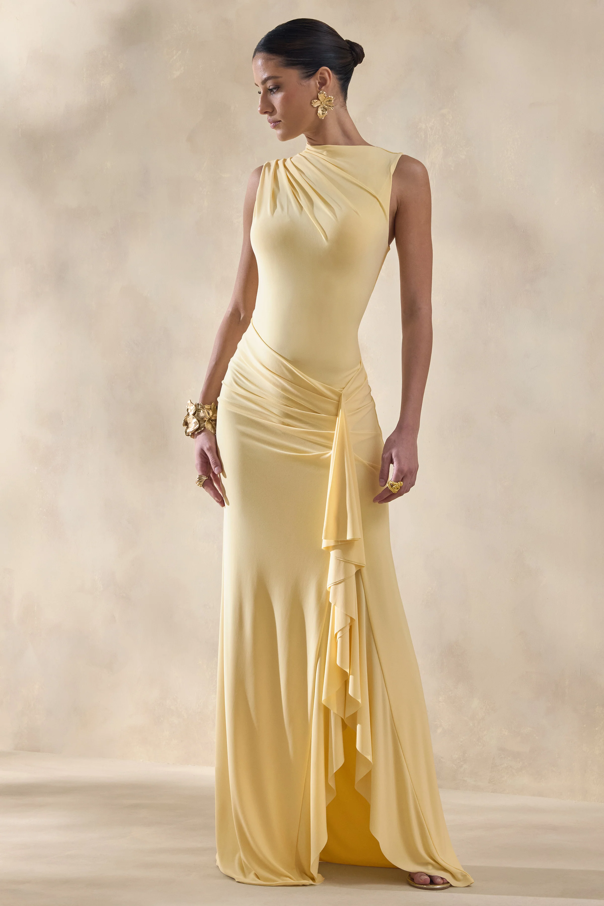 Helessia | Lemon Asymmetric-Neck Maxi Dress With Gathered-Detailing And Sash - Image 3