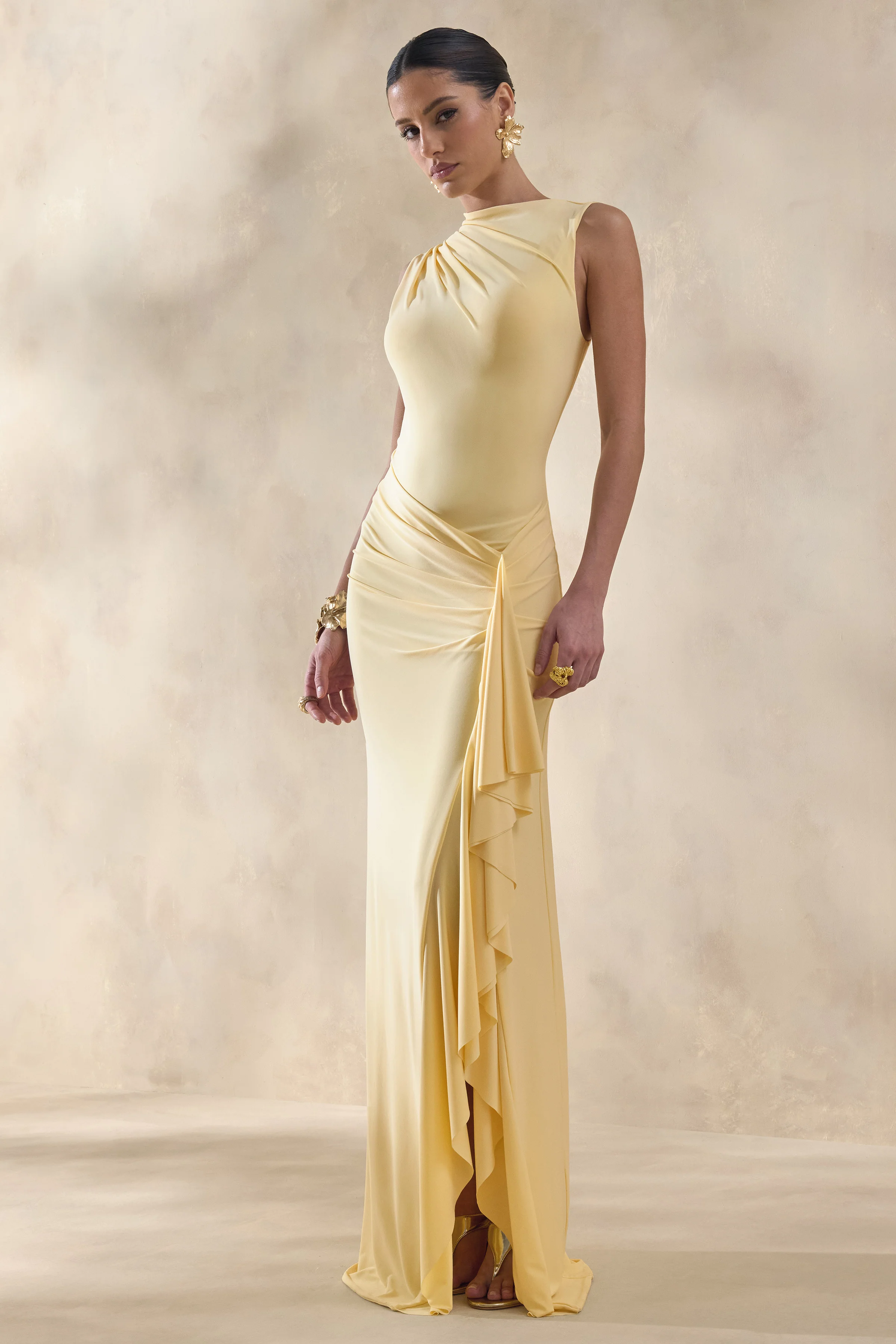 Helessia | Lemon Asymmetric-Neck Maxi Dress With Gathered-Detailing And Sash - Image 6