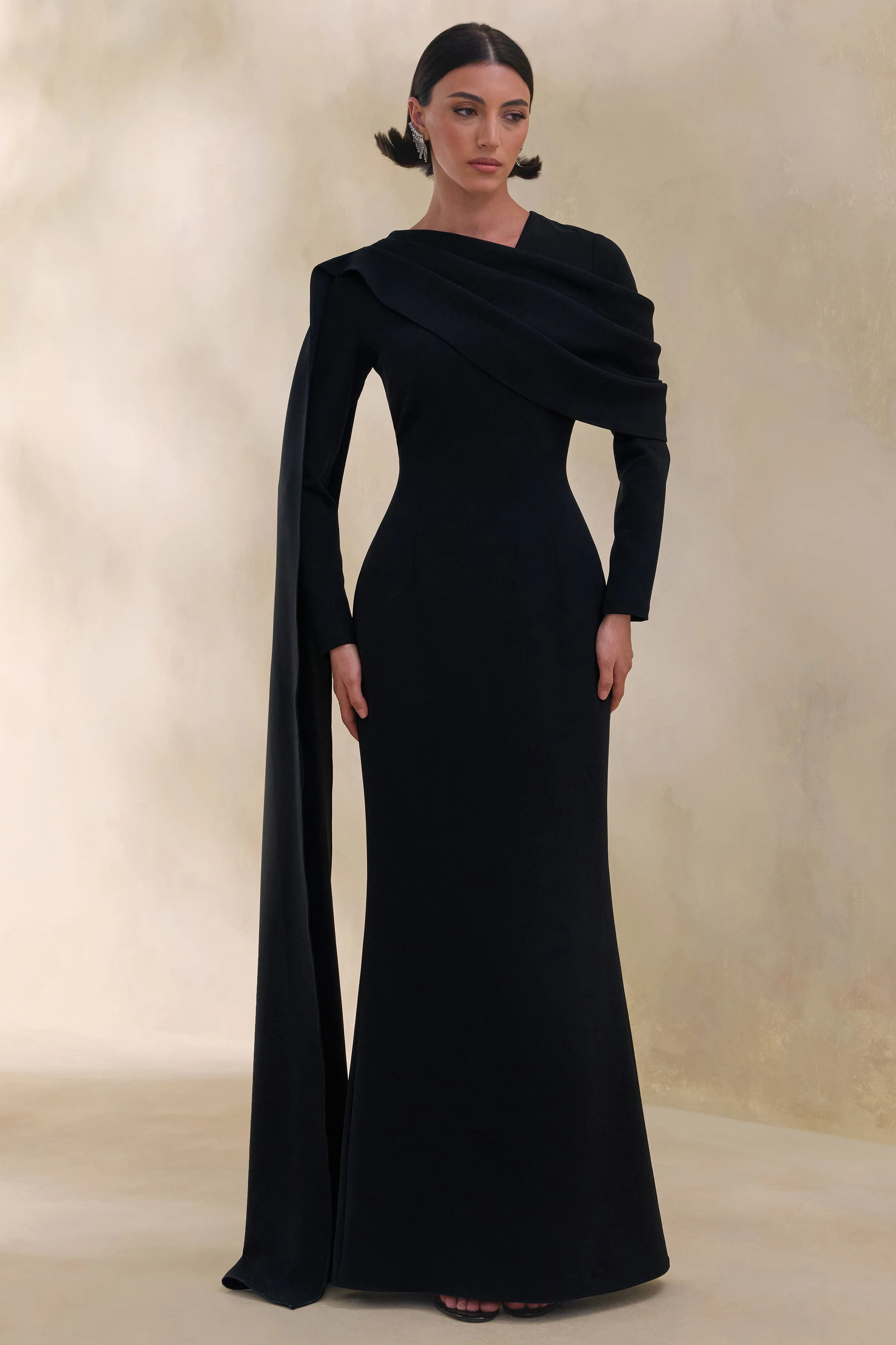 Heliora | Black V-Neck Maxi Dress With Sash And Draped-Detail - Image 8