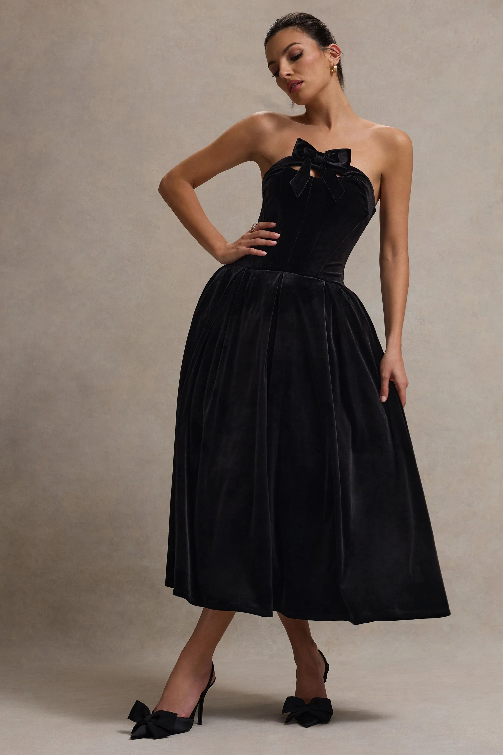 Hepburn | Black Velvet Bandeau Midi Dress With Bow - Image 8