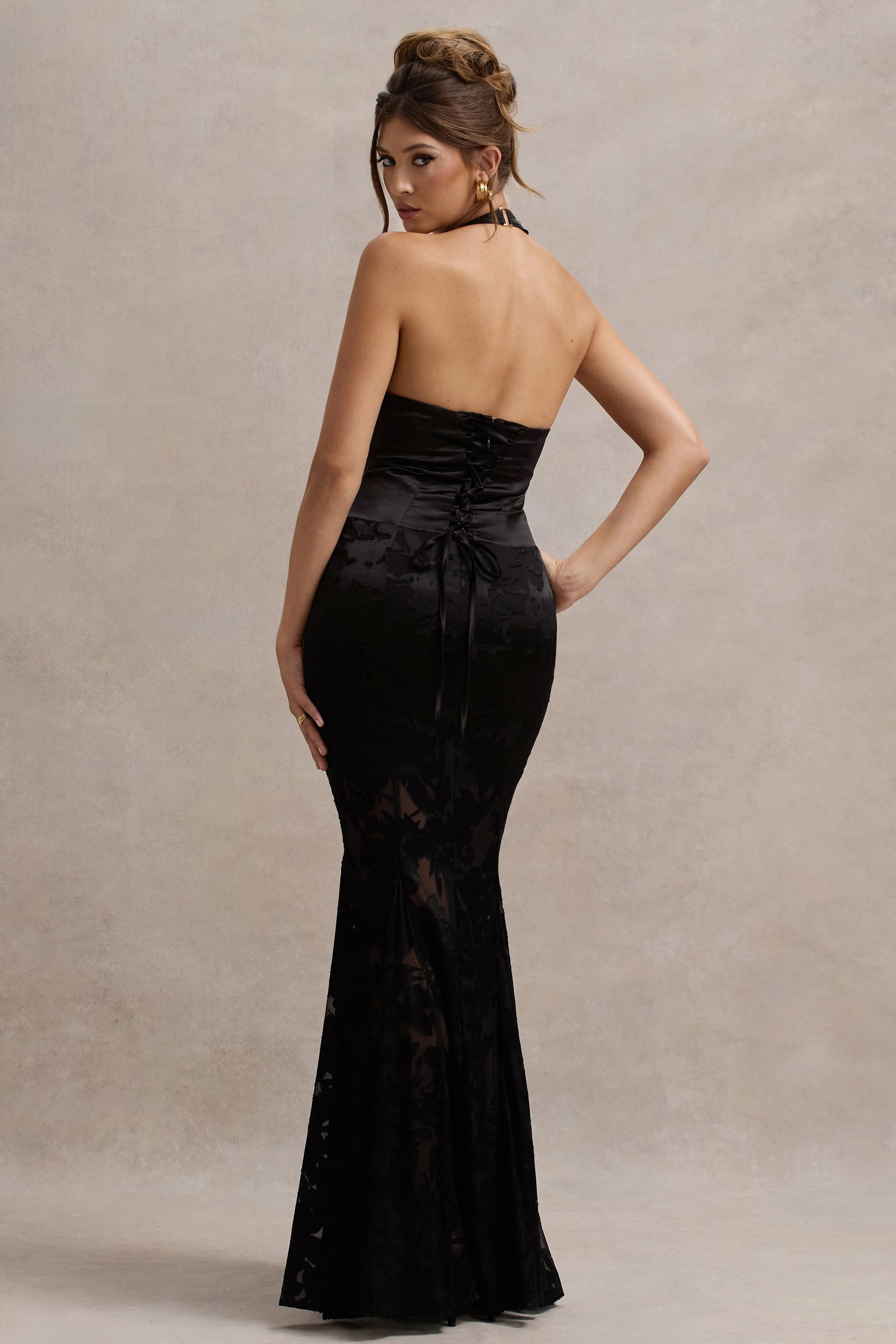Sunset Tales | Black Satin Devore Plunge-Neck  Maxi Dress - Image 2