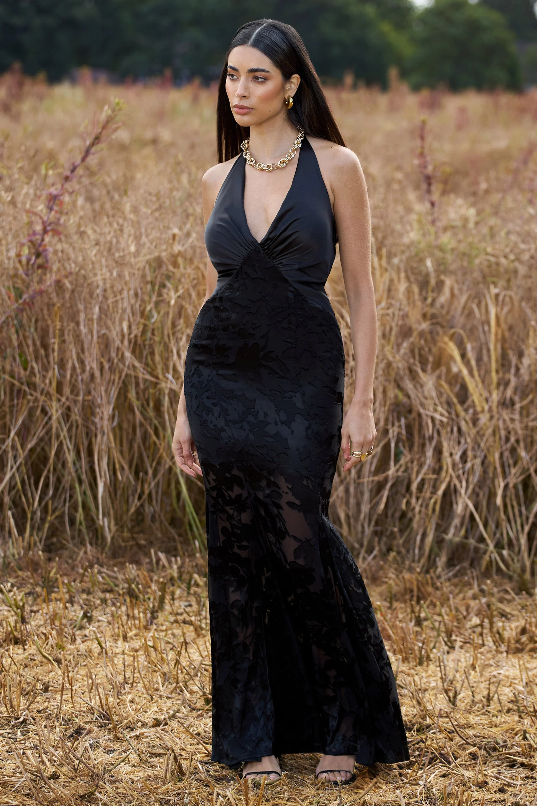 Sunset Tales | Black Satin Devore Plunge-Neck  Maxi Dress - Image 7