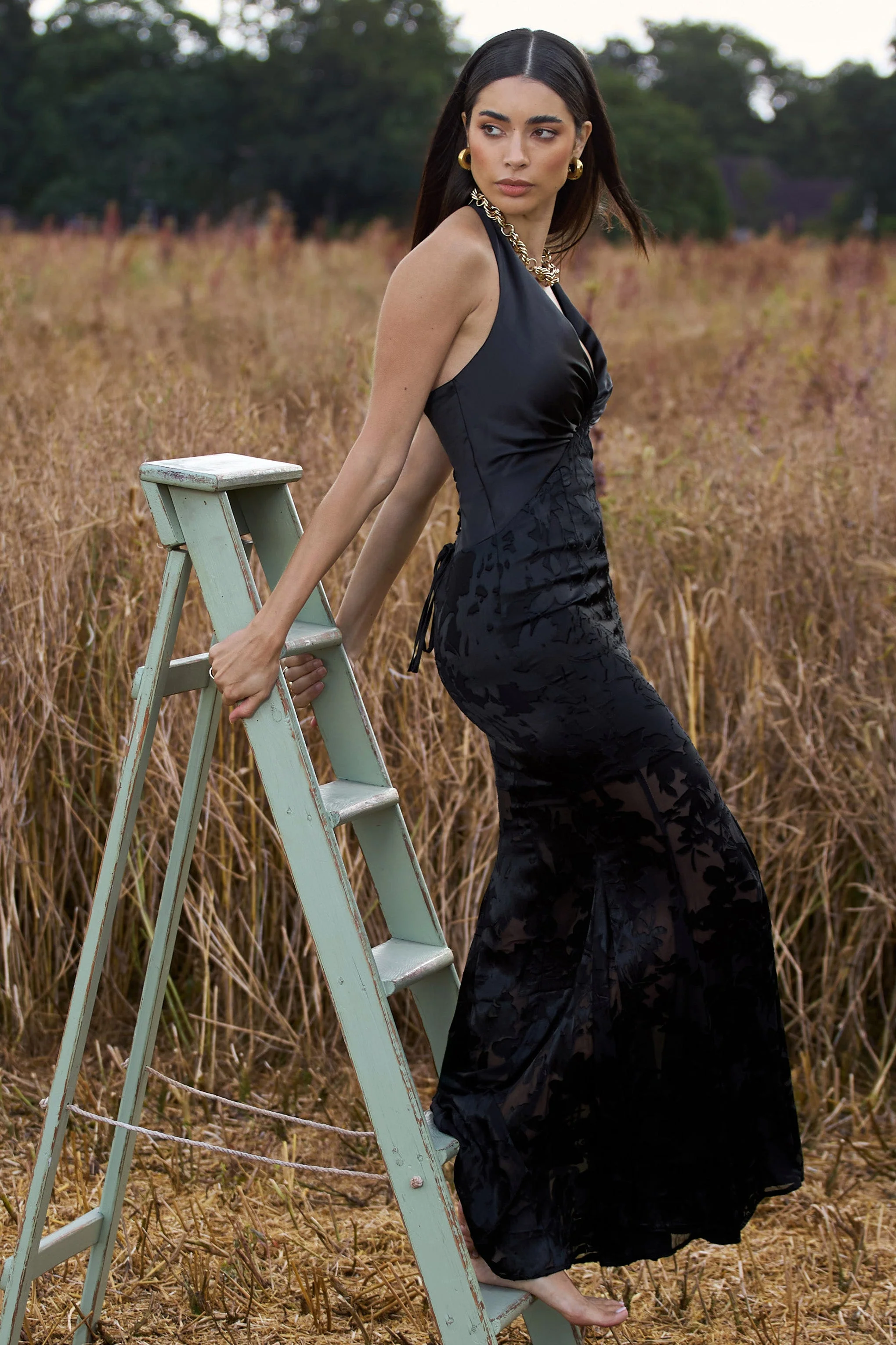 Sunset Tales | Black Satin Devore Plunge-Neck  Maxi Dress - Image 9