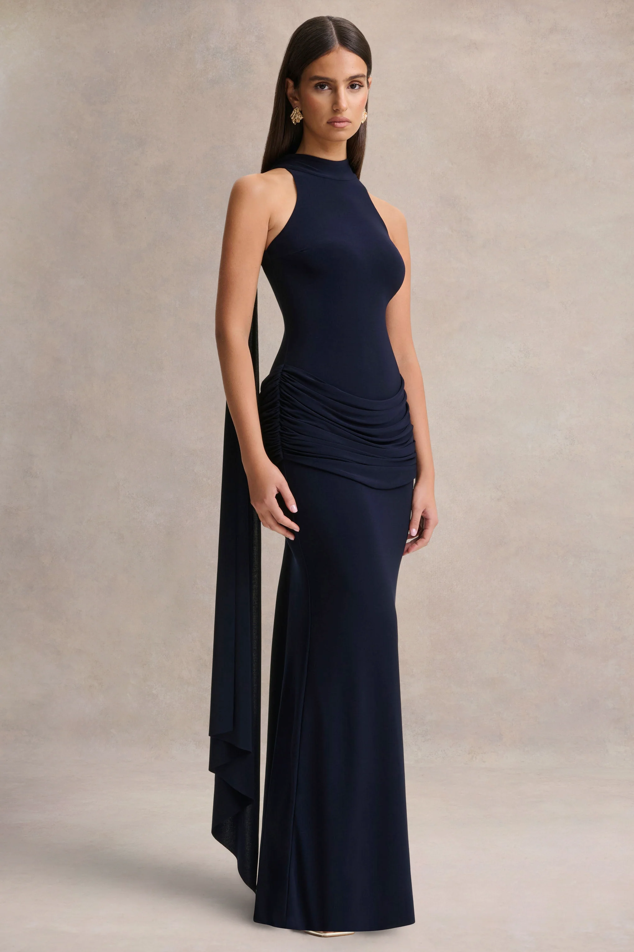 Hesperia | Navy High-Neck Maxi Dress With Draped-Detailing And Scarf - Image 4