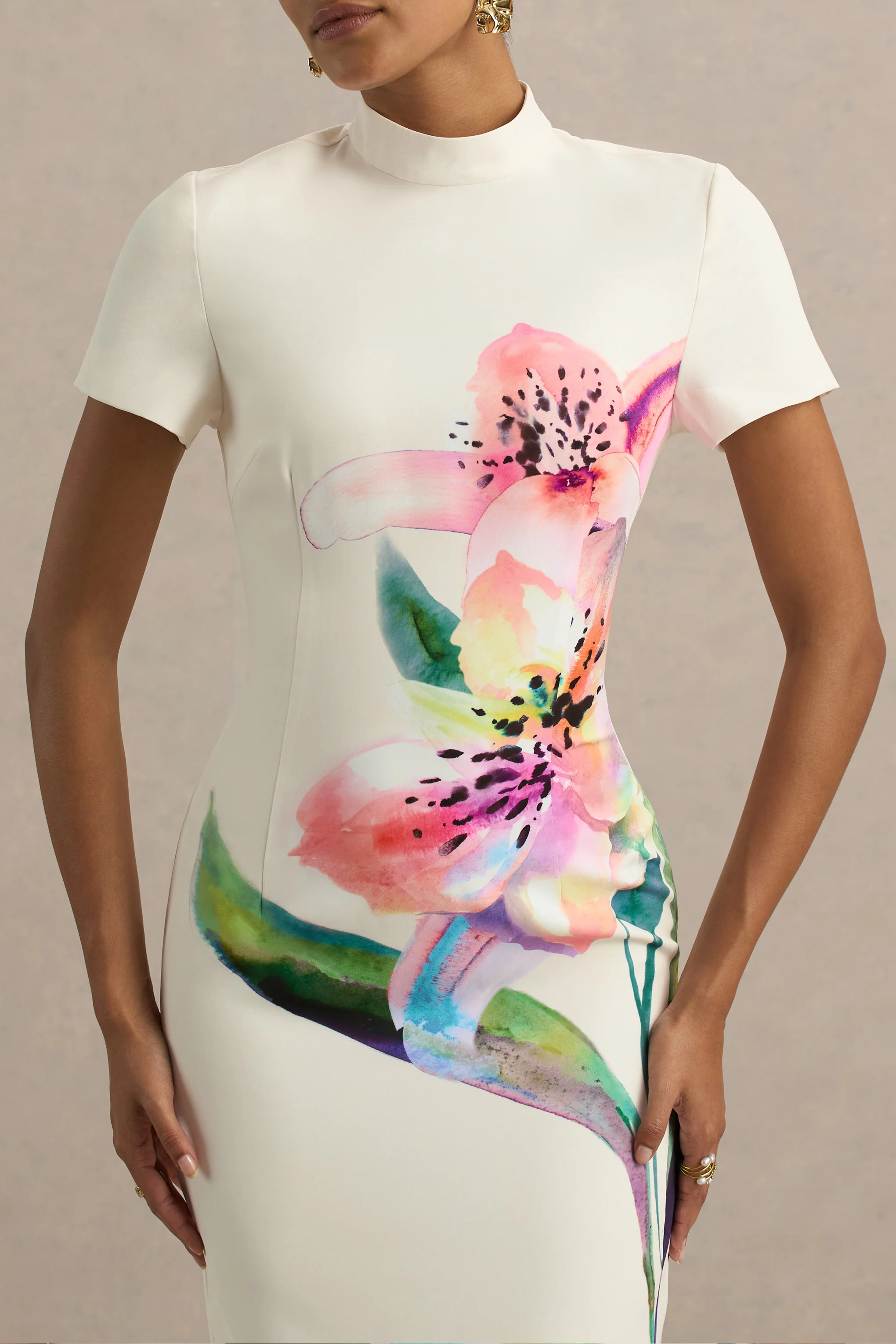Hessie | White Lily Print High-Neck Maxi Dress - Image 5