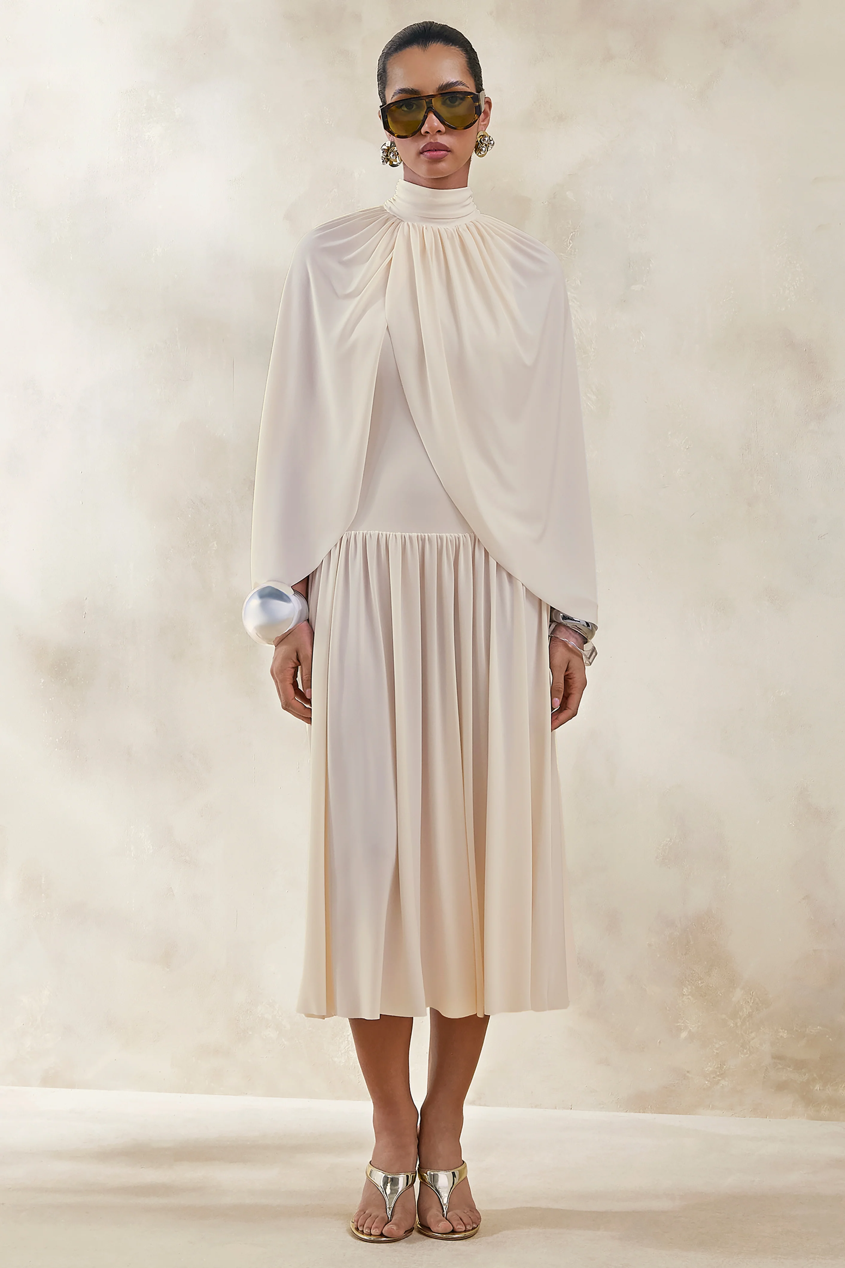Honora | Cream High-Neck Midi Dress With Cape-Sleeves - Image 4