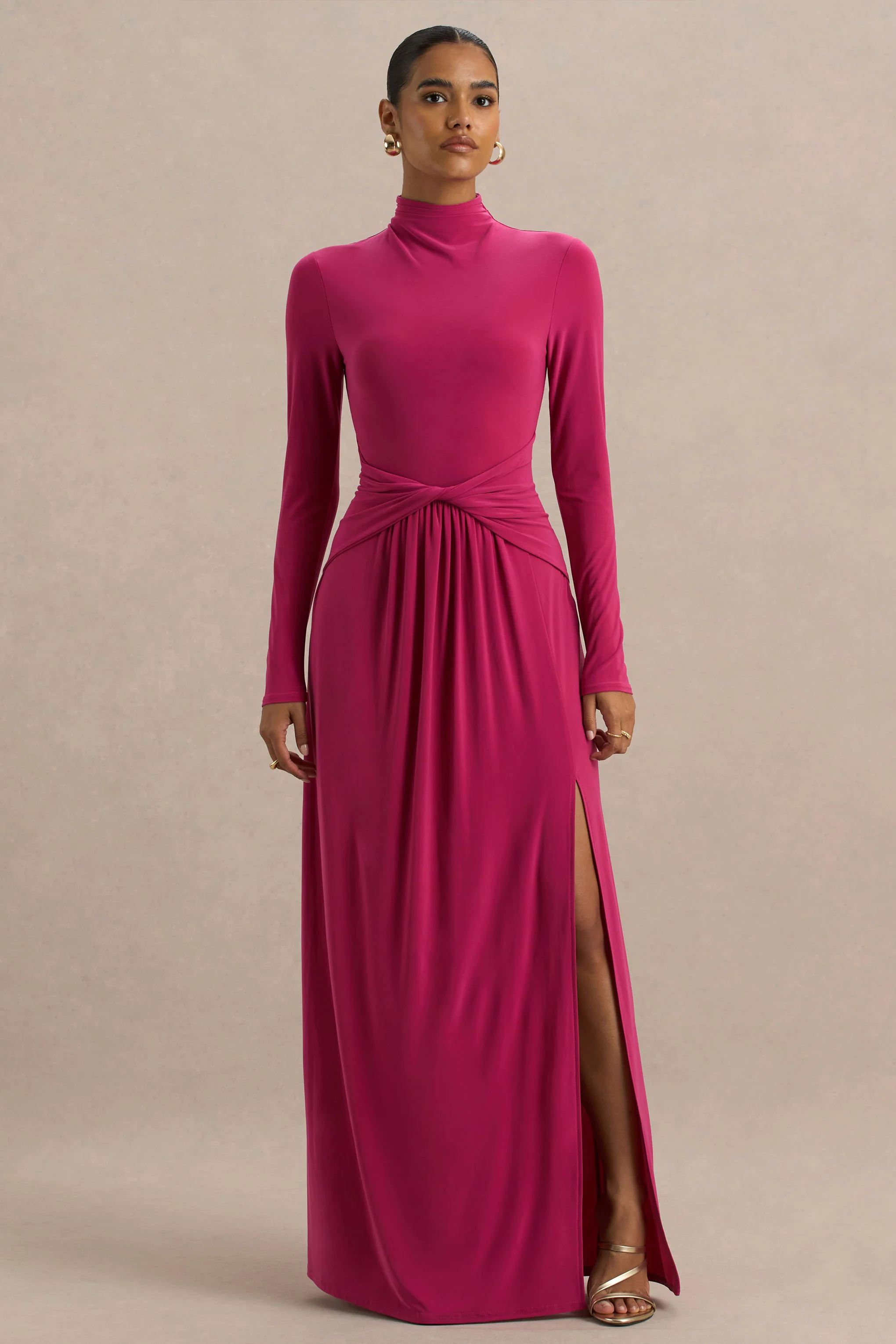Hourglass | Hot Pink Long-Sleeve Twisted Maxi Dress With Split - Image 3