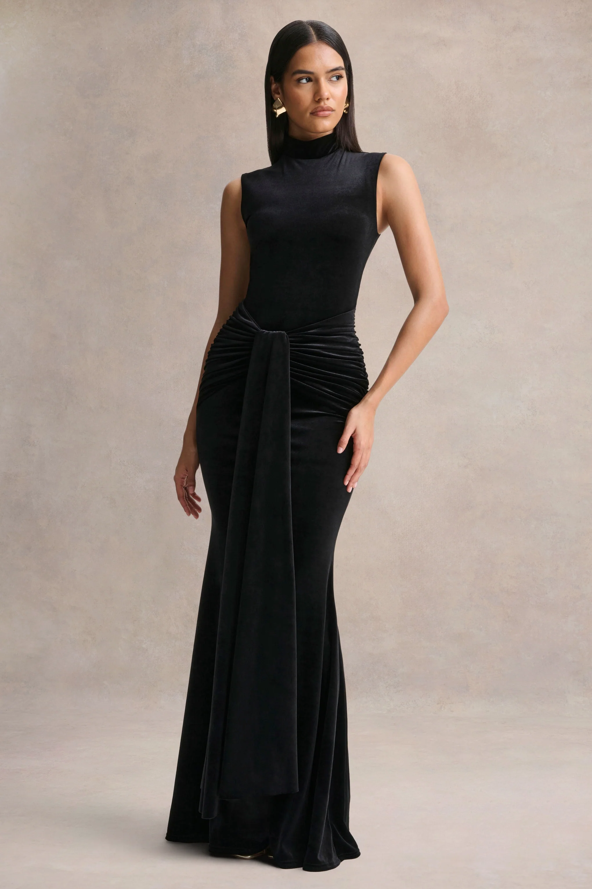 Idalina | Black Velvet High-Neck Maxi Dress With Gathered-Detailing - Image 5