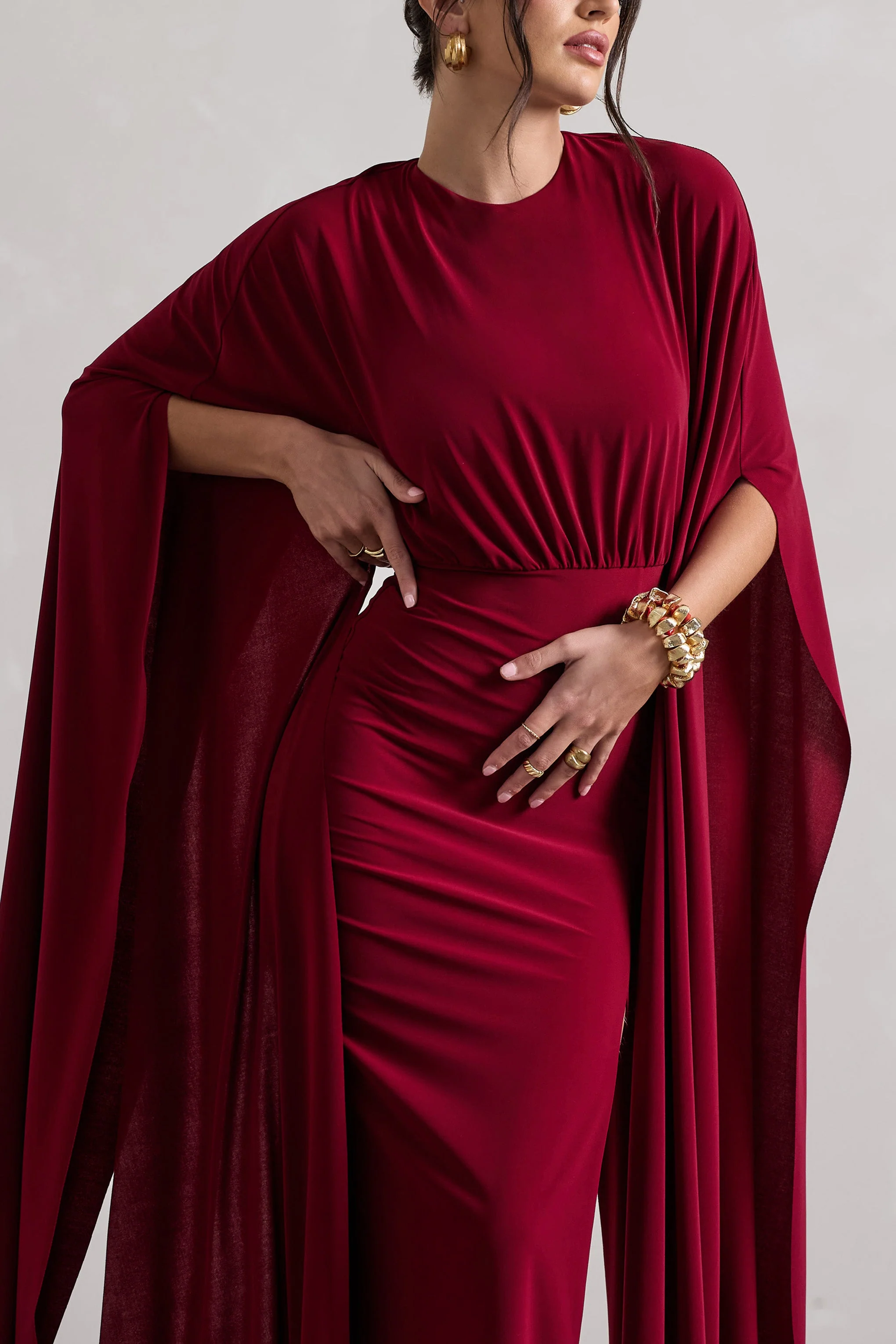 Ilaria | Berry Cape Sleeve Split Maxi Dress - Image 3