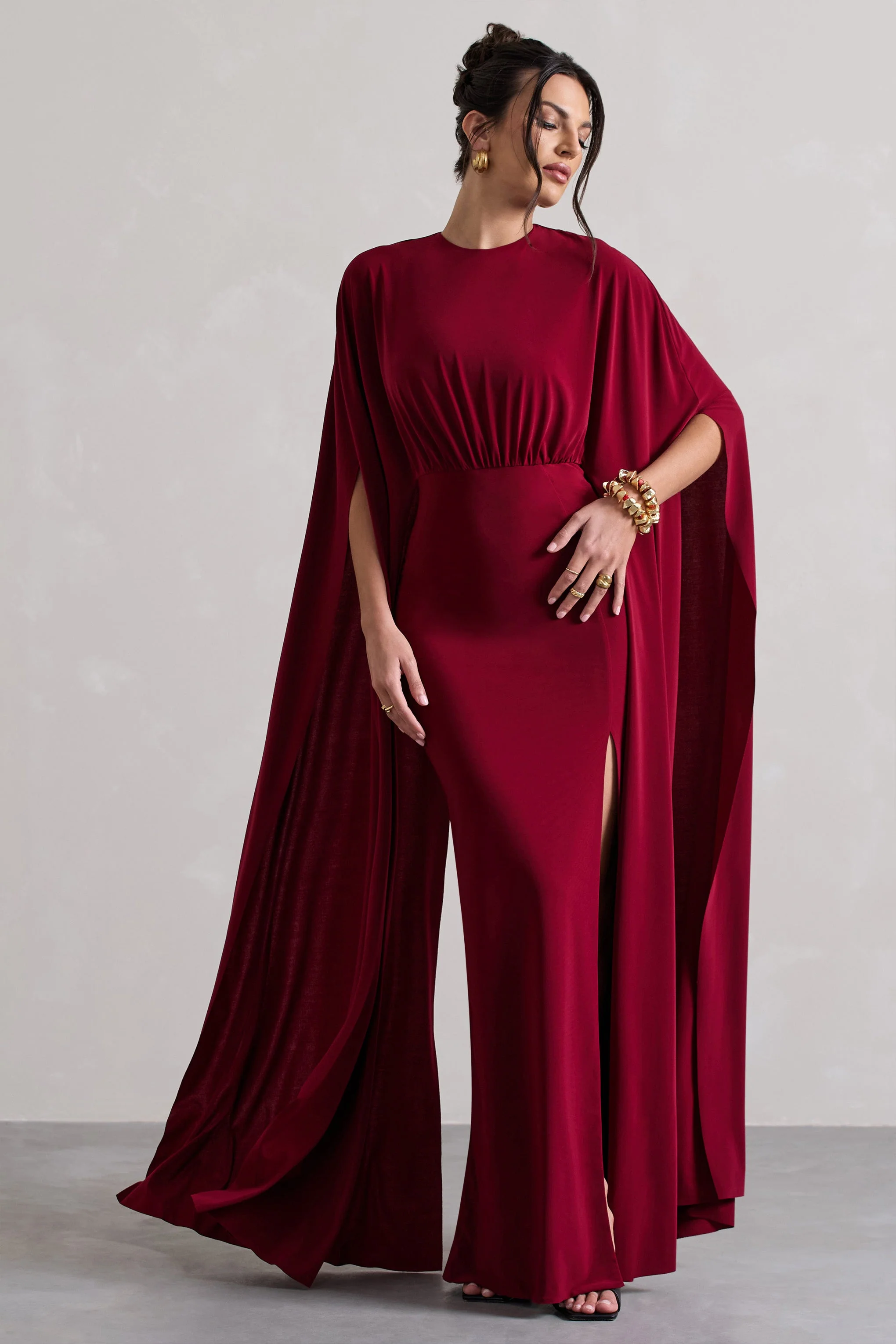 Ilaria | Berry Cape Sleeve Split Maxi Dress - Image 5