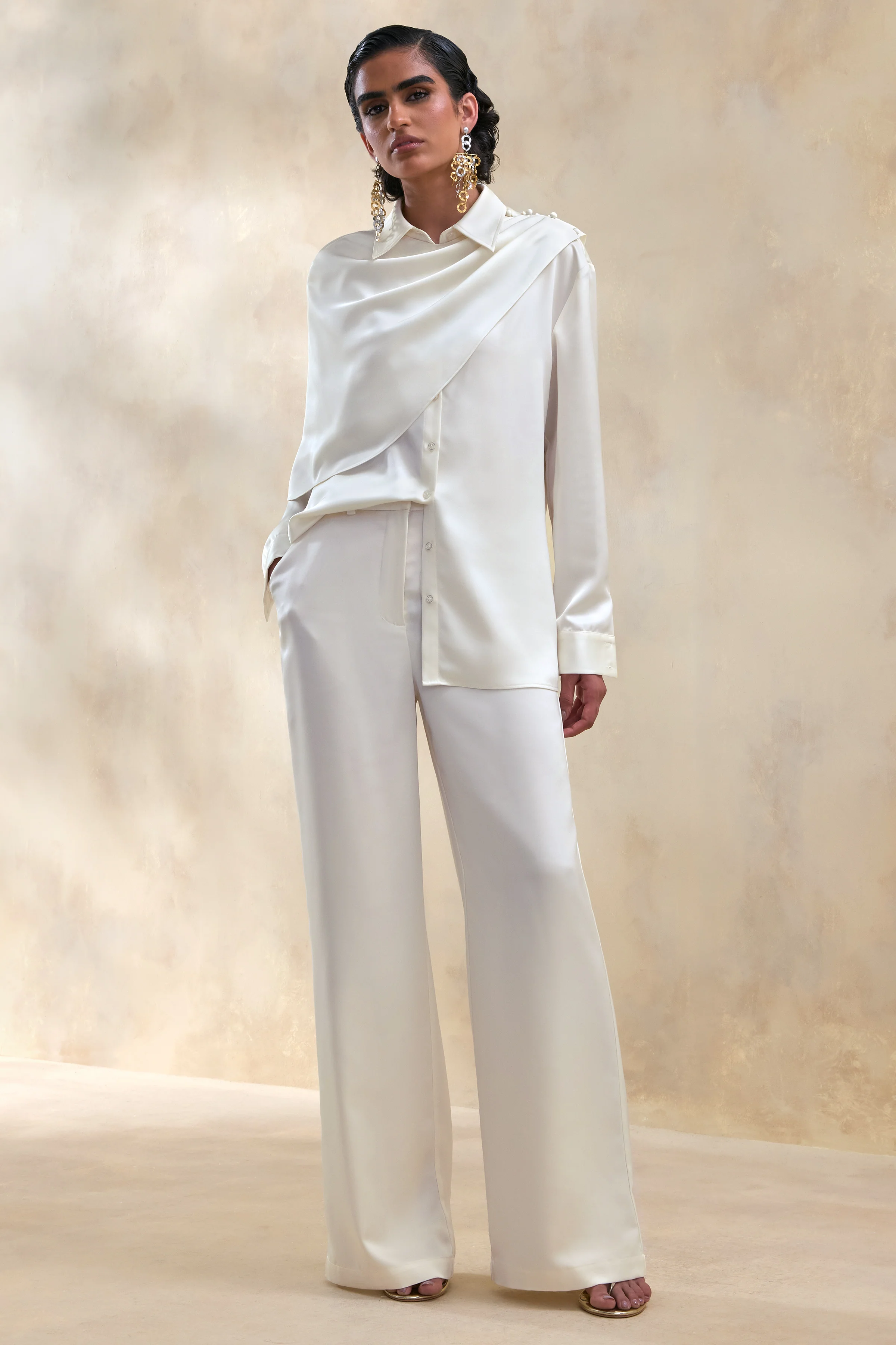 Ilena | Cream Satin Wide-Leg Trouser - Image 4