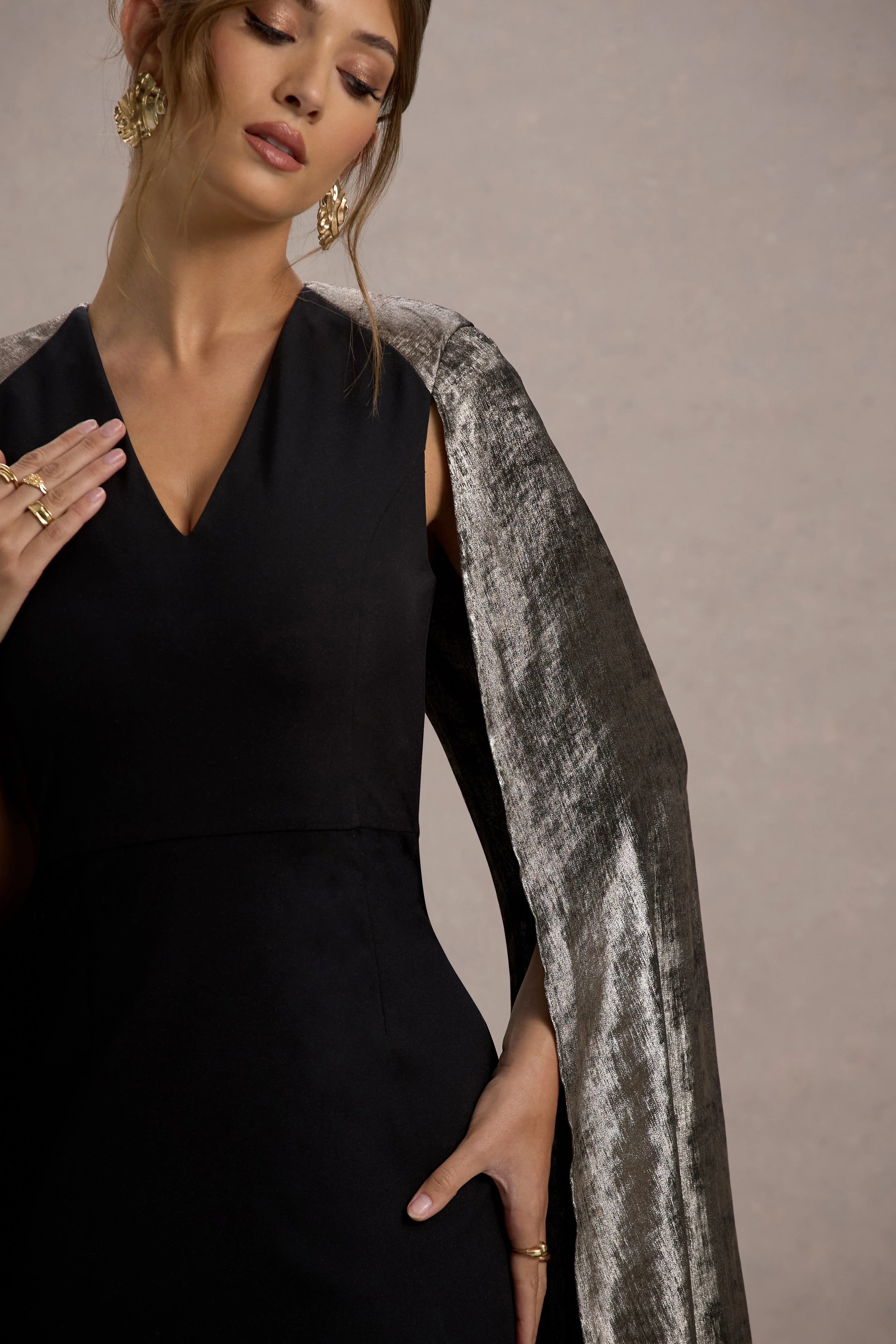 Ilenia | Black V-Neck Maxi Dress With Metallic Cape - Image 7