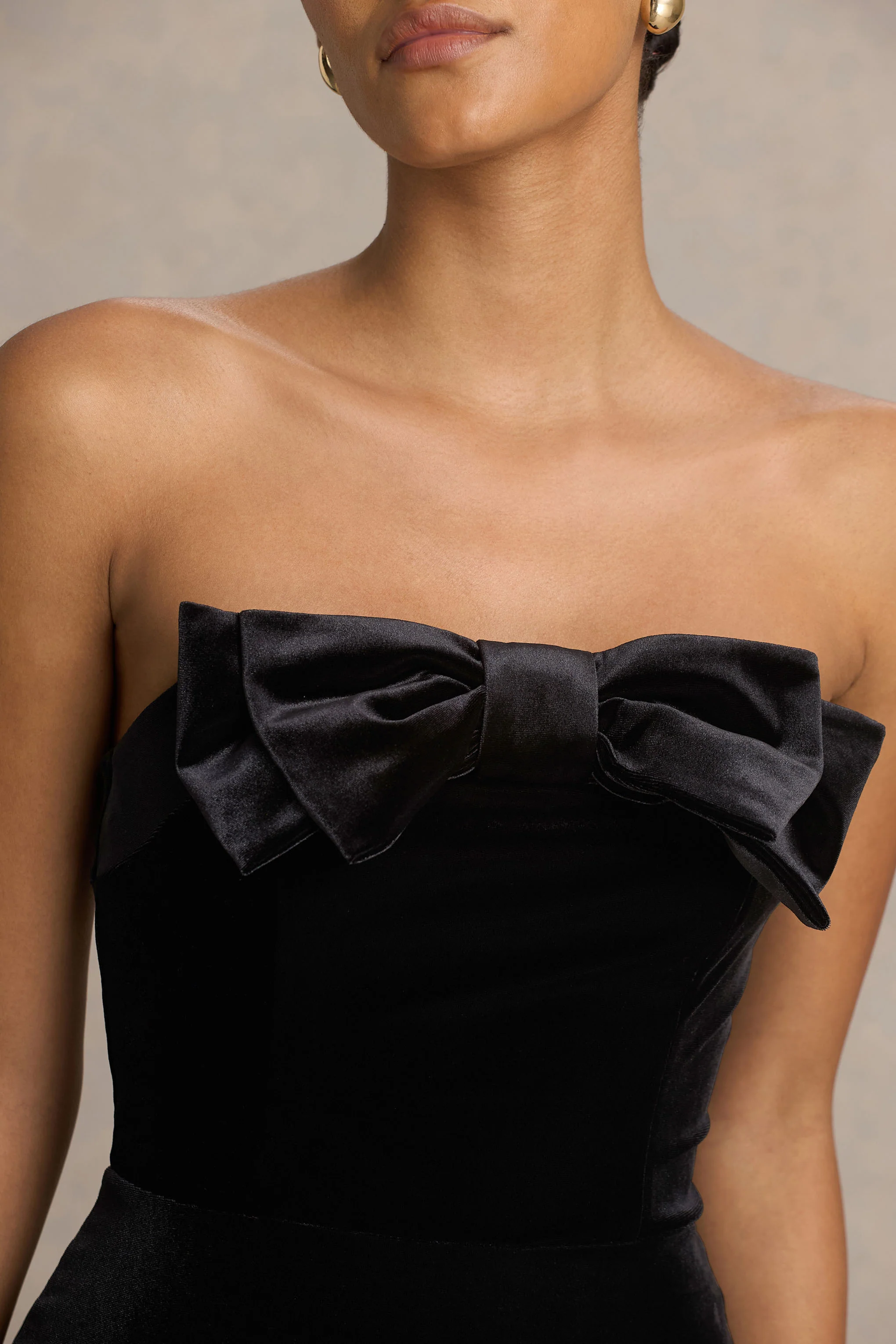 Illusion | Black Velvet Bandeau Maxi Dress With Bow Detail - Image 6