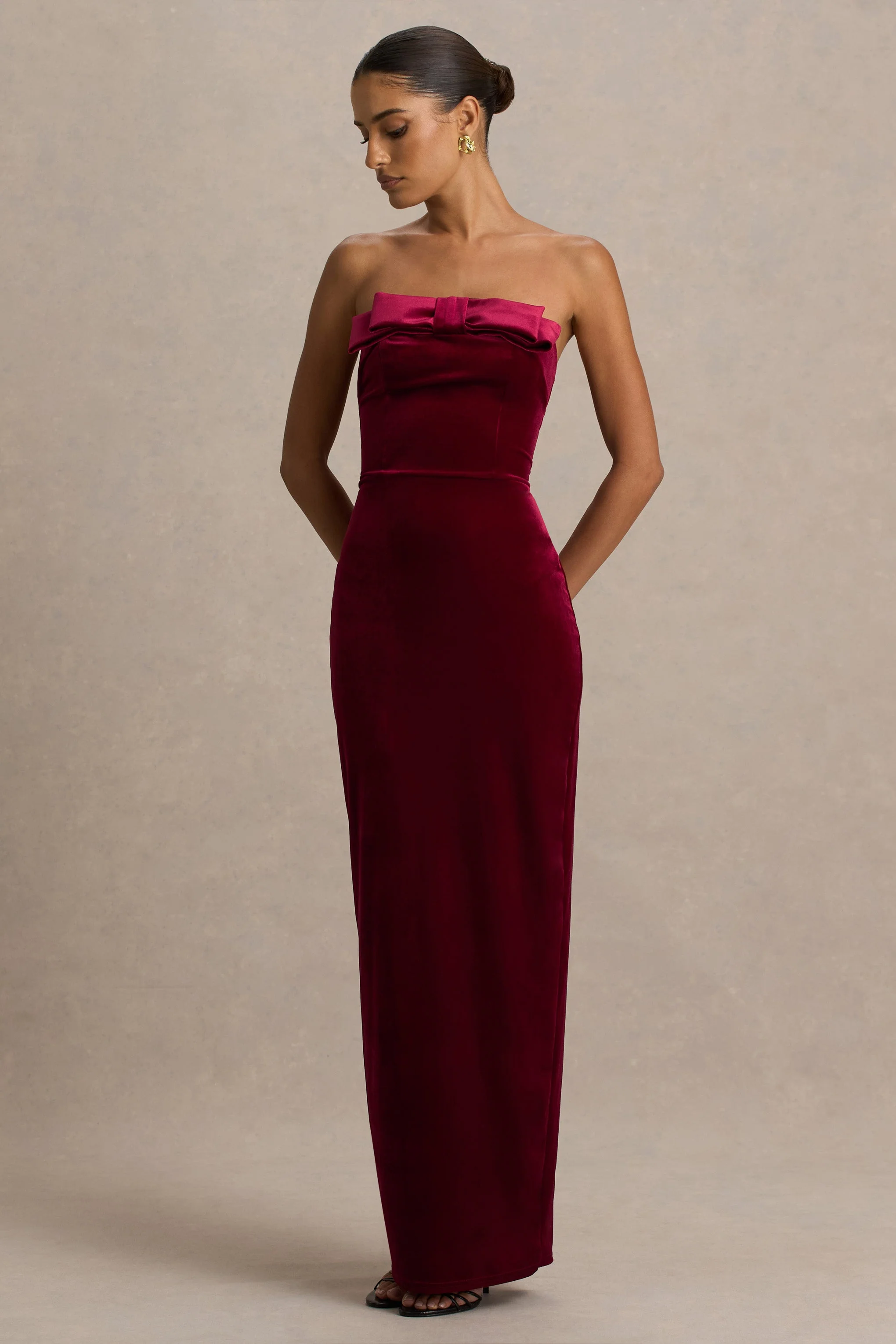 Illusion | Burgundy Velvet Bandeau Maxi Dress With Bow Detail - Image 4