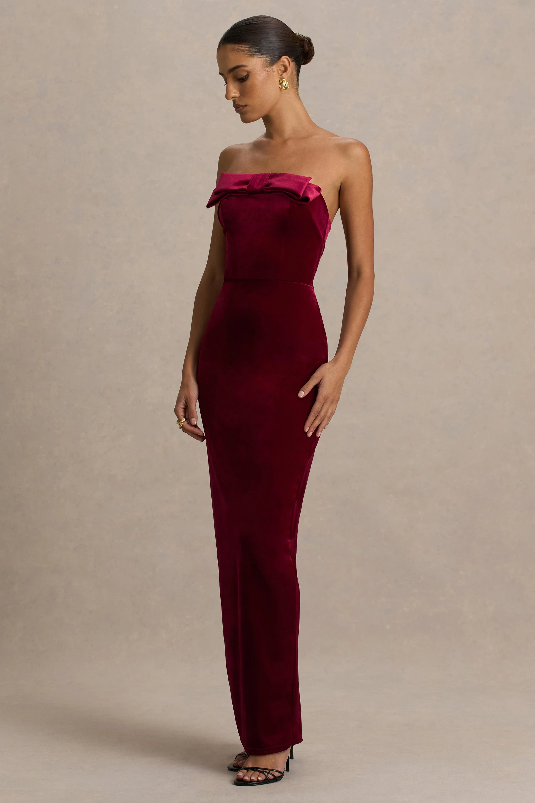 Illusion | Burgundy Velvet Bandeau Maxi Dress With Bow Detail - Image 5