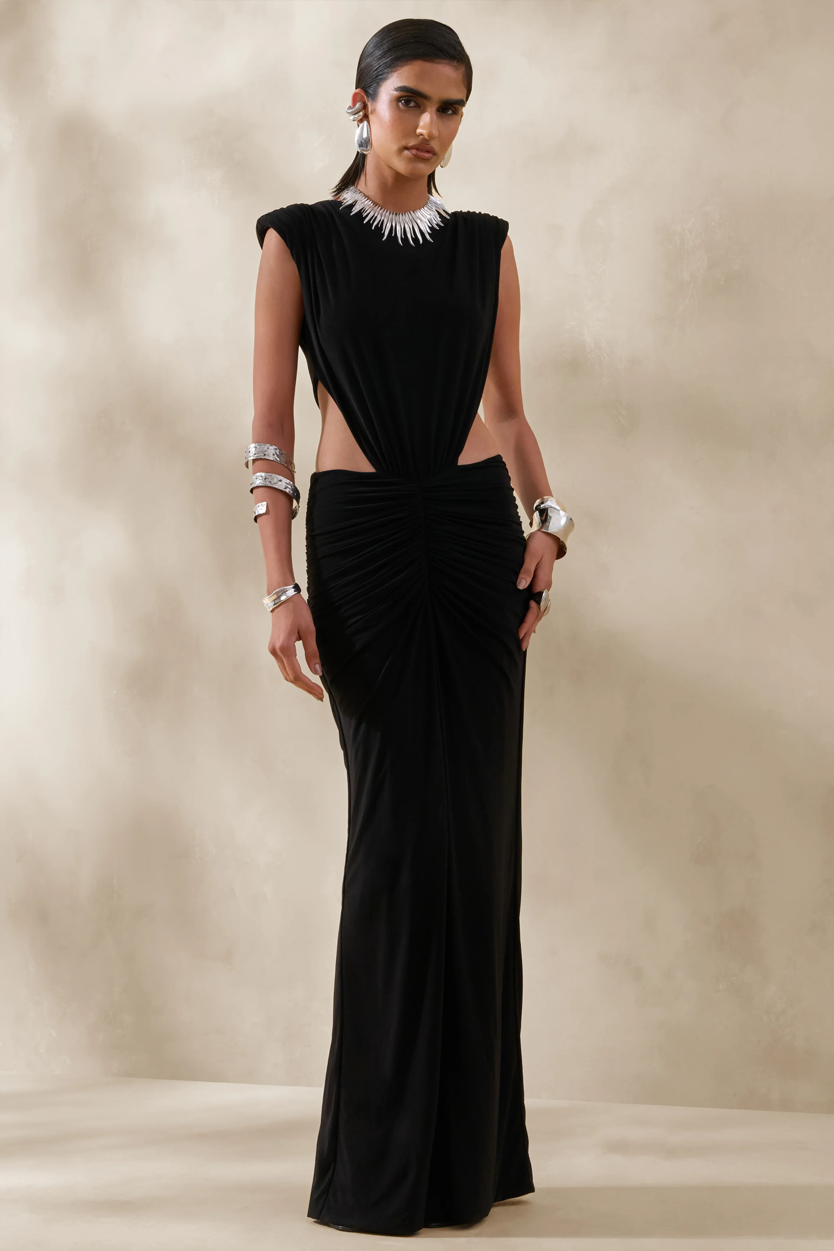 Imelda | Black Boat-Neck Maxi Dress With Body Cut-Out Details - Image 4