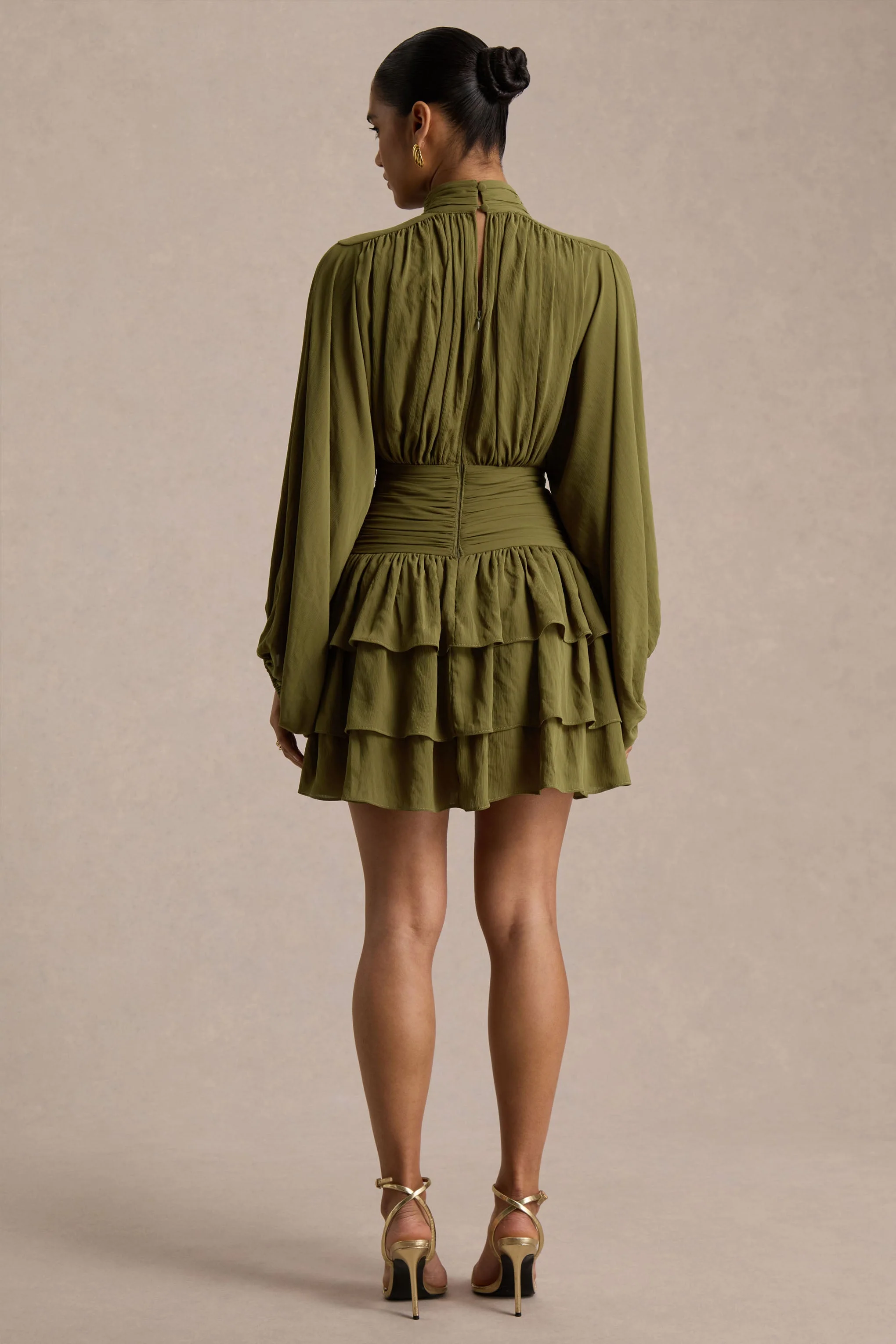 Imma | Olive High-Neck Mini Dress With Ruffled Detailing - Image 2