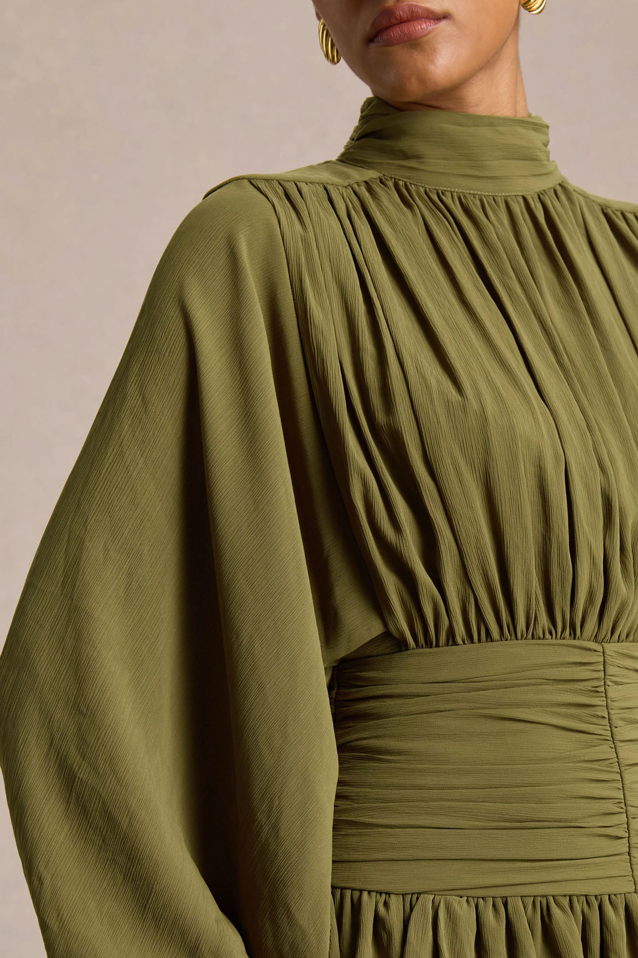 Imma | Olive High-Neck Mini Dress With Ruffled Detailing - Image 3