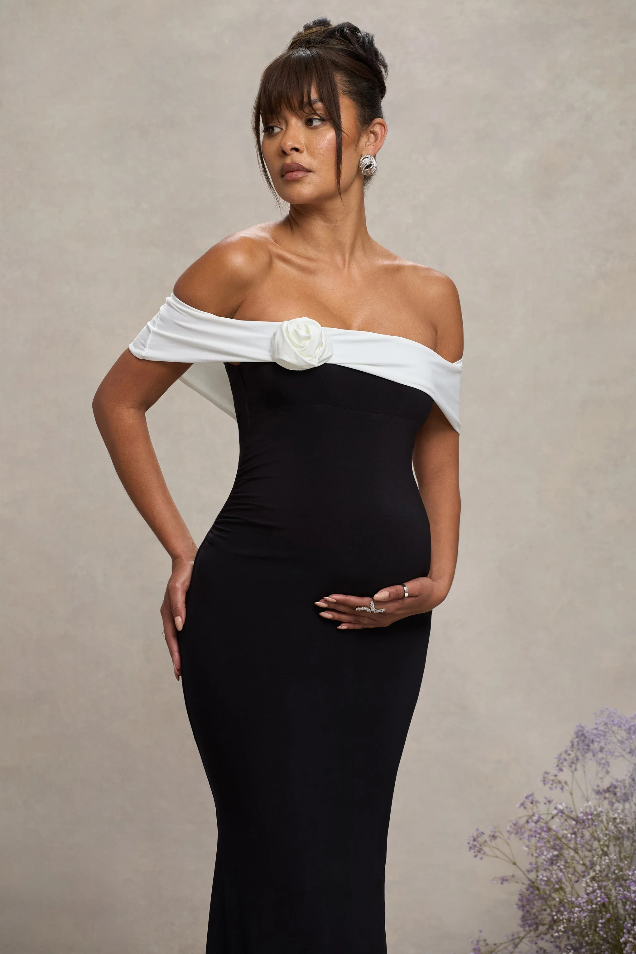 In Bloom | Black & White Bardot Maternity Maxi Dress With Flower - Image 3