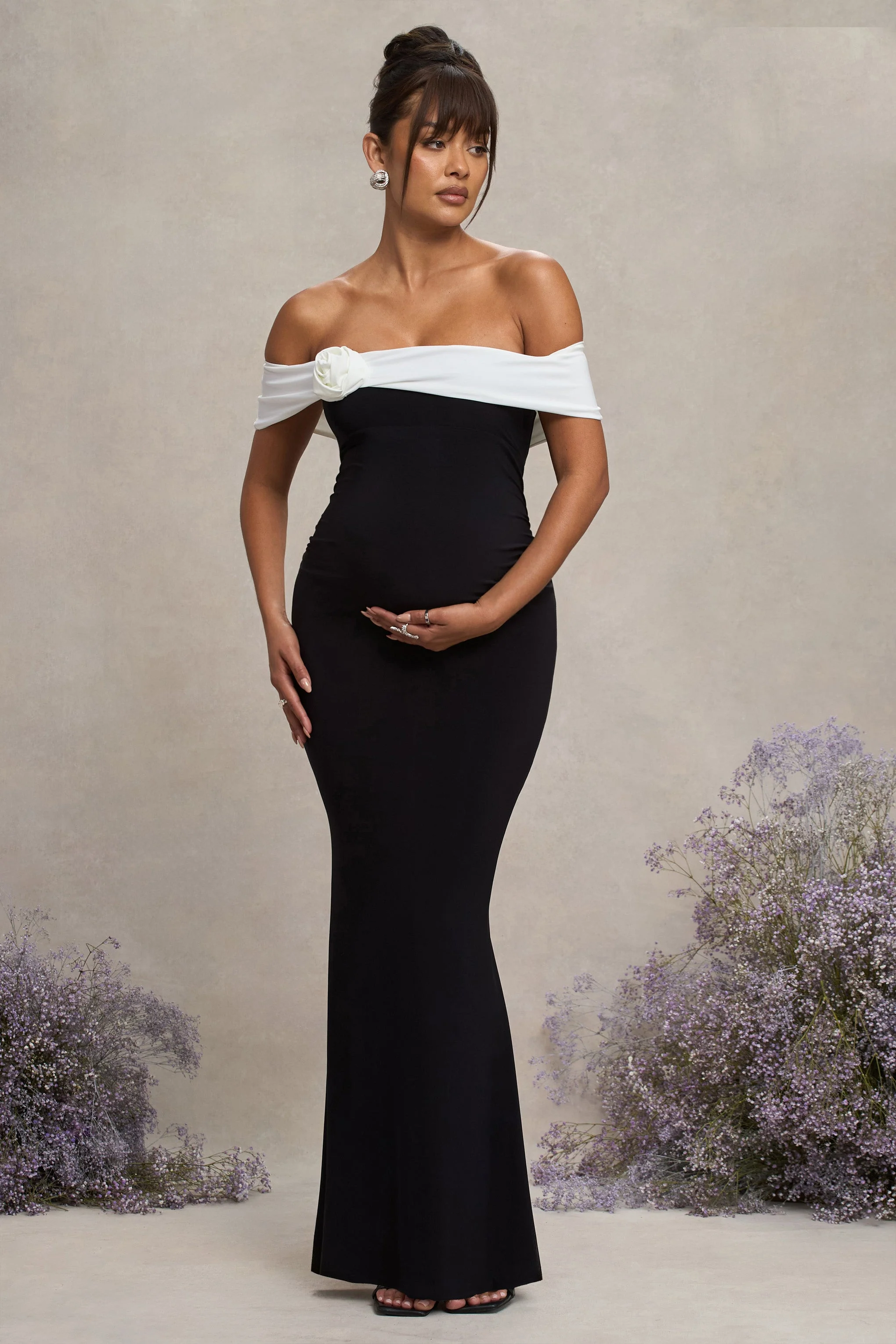In Bloom | Black & White Bardot Maternity Maxi Dress With Flower - Image 4