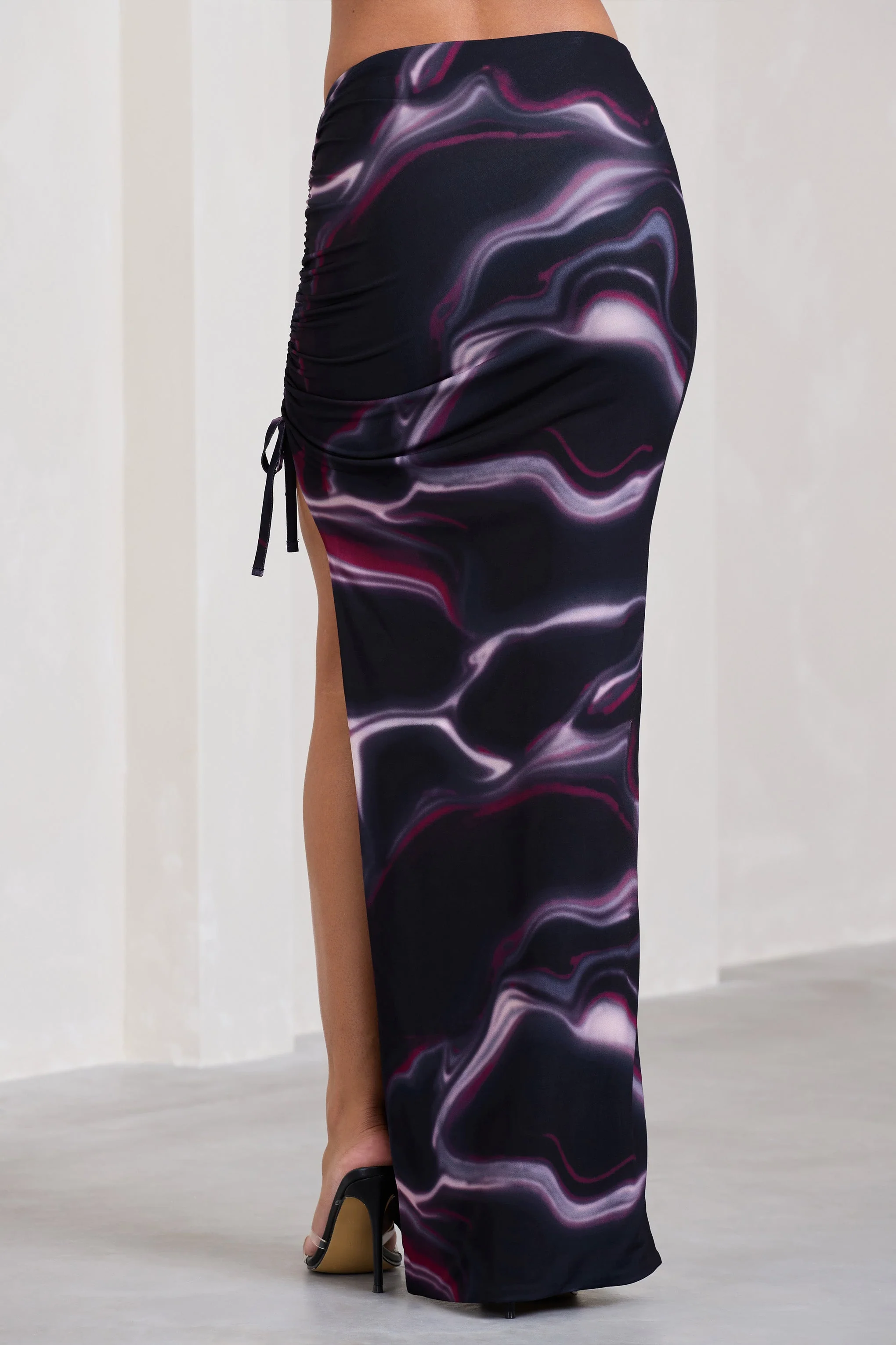 In The Air | Black Printed Ruched Asymmetric High-Waisted Maxi Skirt - Image 10