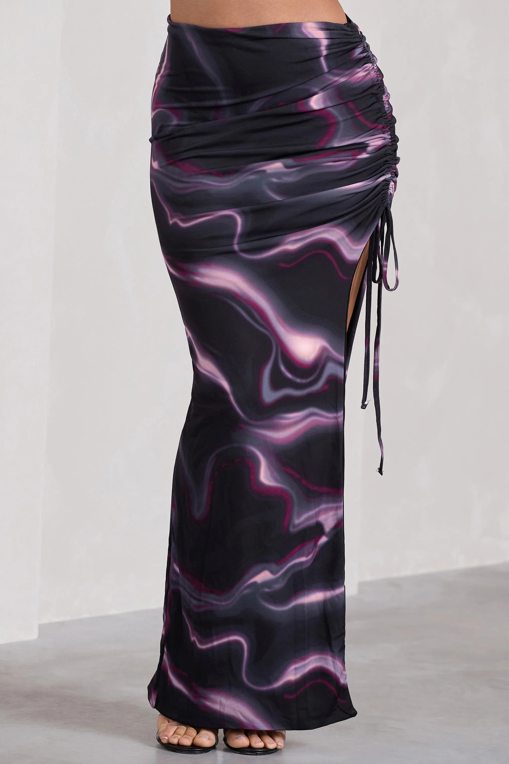 In The Air | Black Printed Ruched Asymmetric High-Waisted Maxi Skirt - Image 3