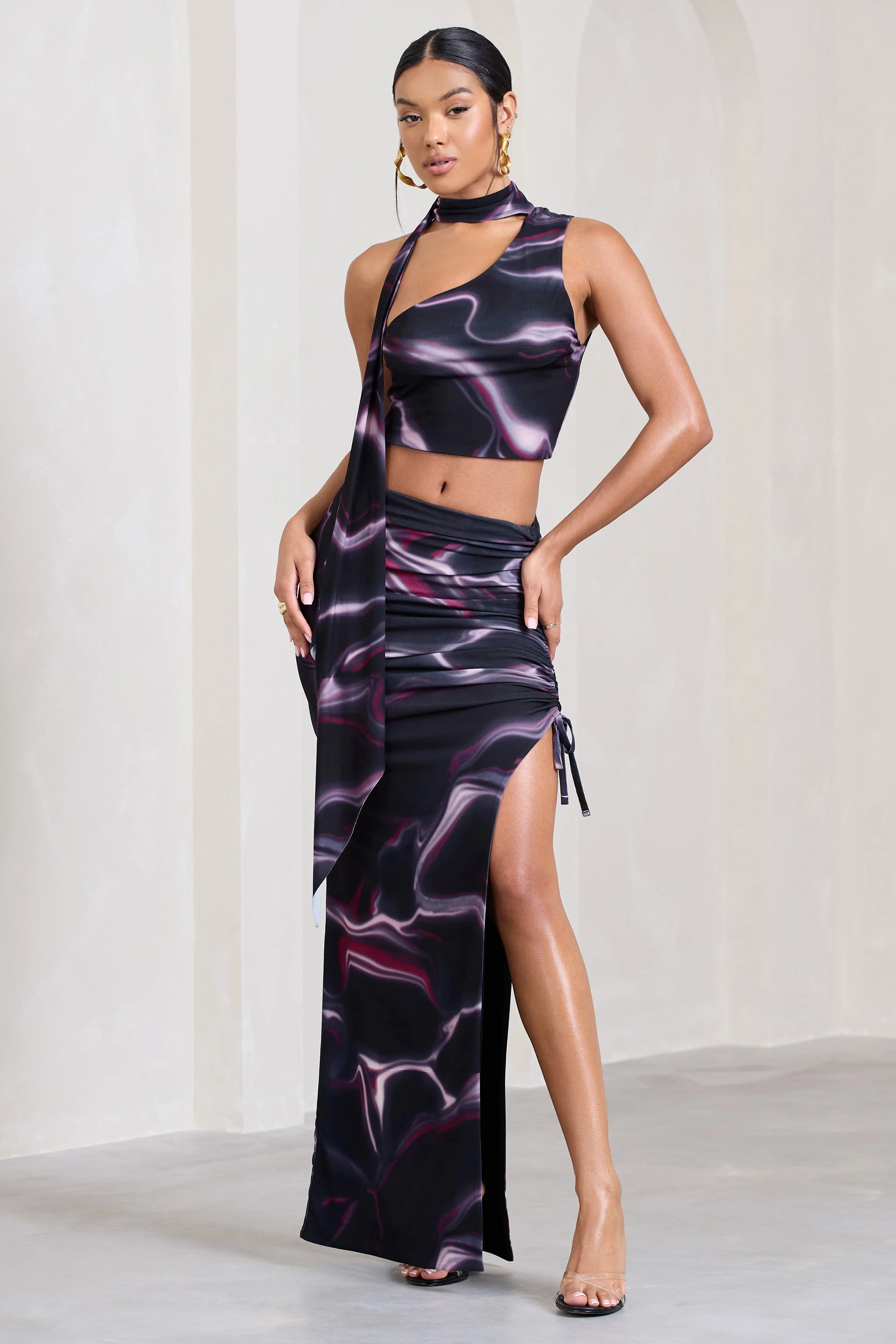 In The Air | Black Printed Ruched Asymmetric High-Waisted Maxi Skirt - Image 7