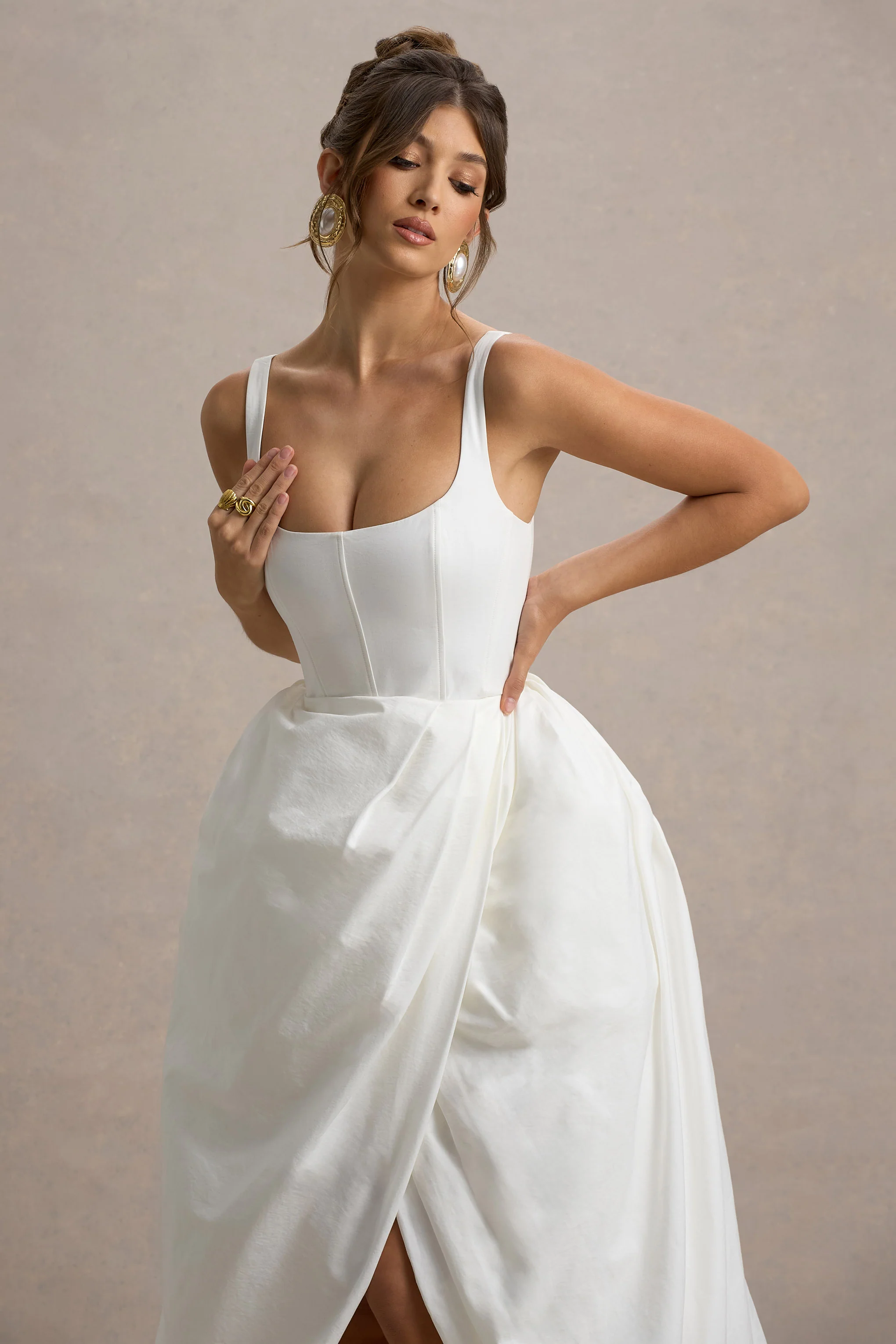 Infinite | White Strappy Maxi Dress With Volume High-Low Skirt - Image 3