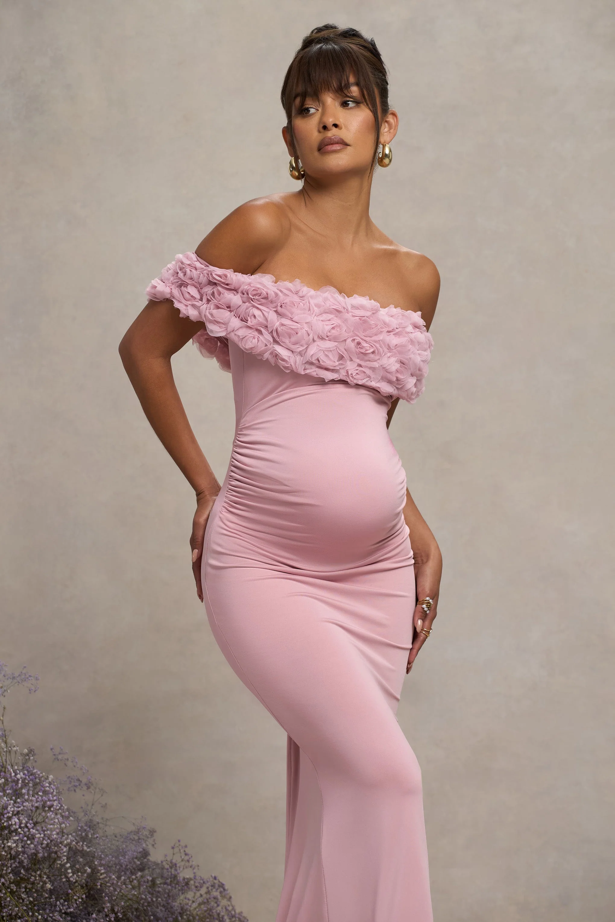 Inflorescence | Blush Pink Mesh Floral Bardot Maternity Maxi Dress - Image 3