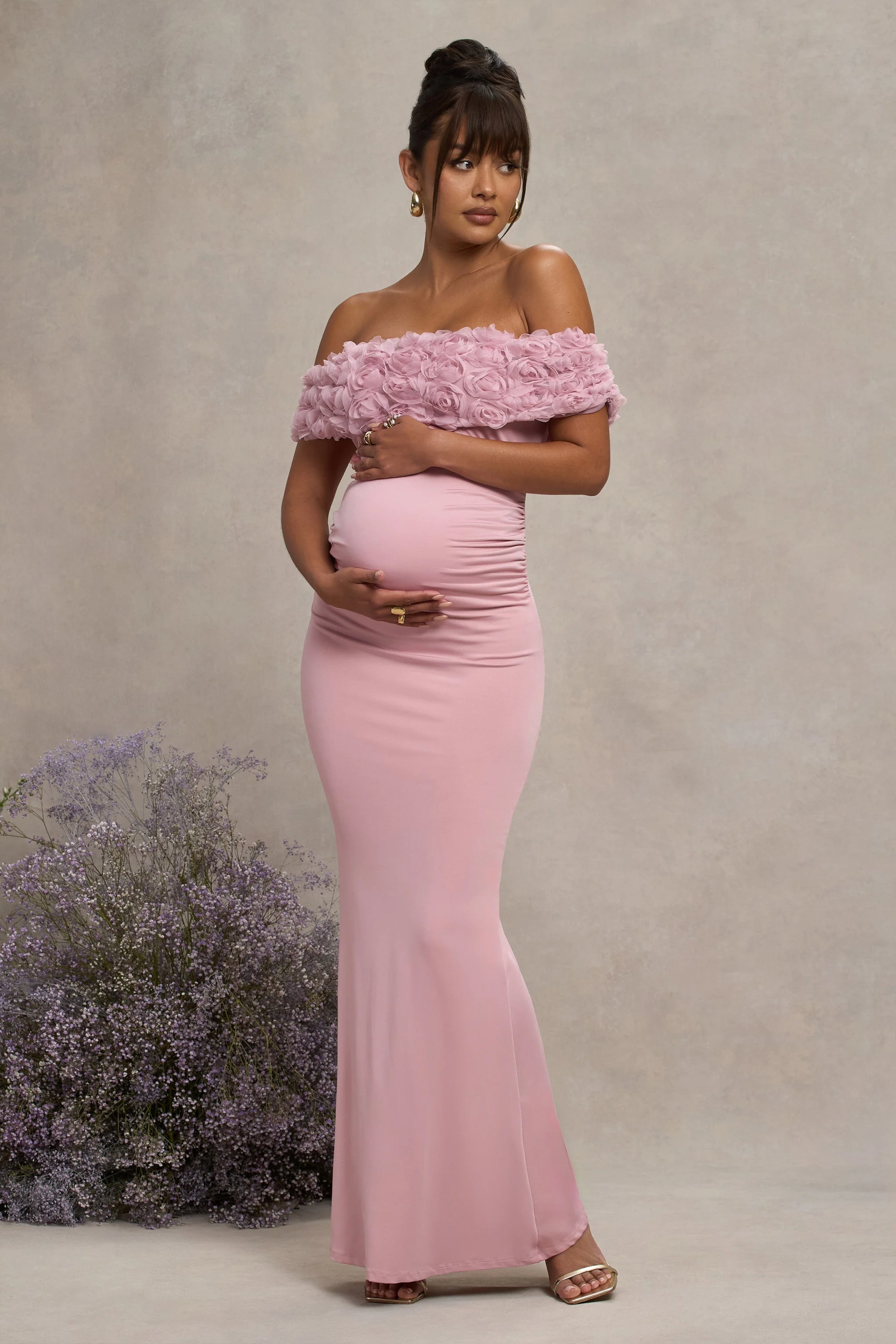 Inflorescence | Blush Pink Mesh Floral Bardot Maternity Maxi Dress - Image 4