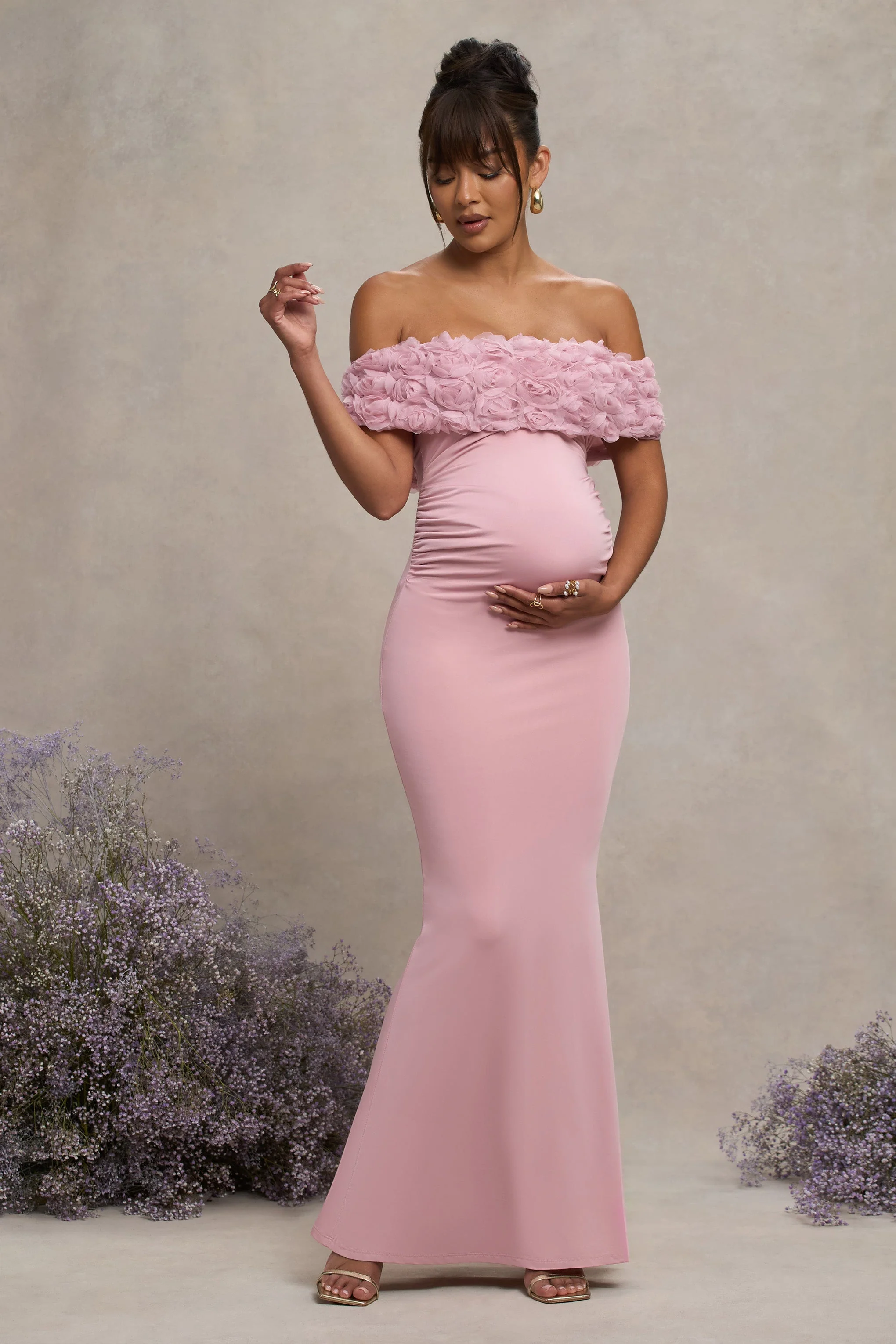 Inflorescence | Blush Pink Mesh Floral Bardot Maternity Maxi Dress - Image 5