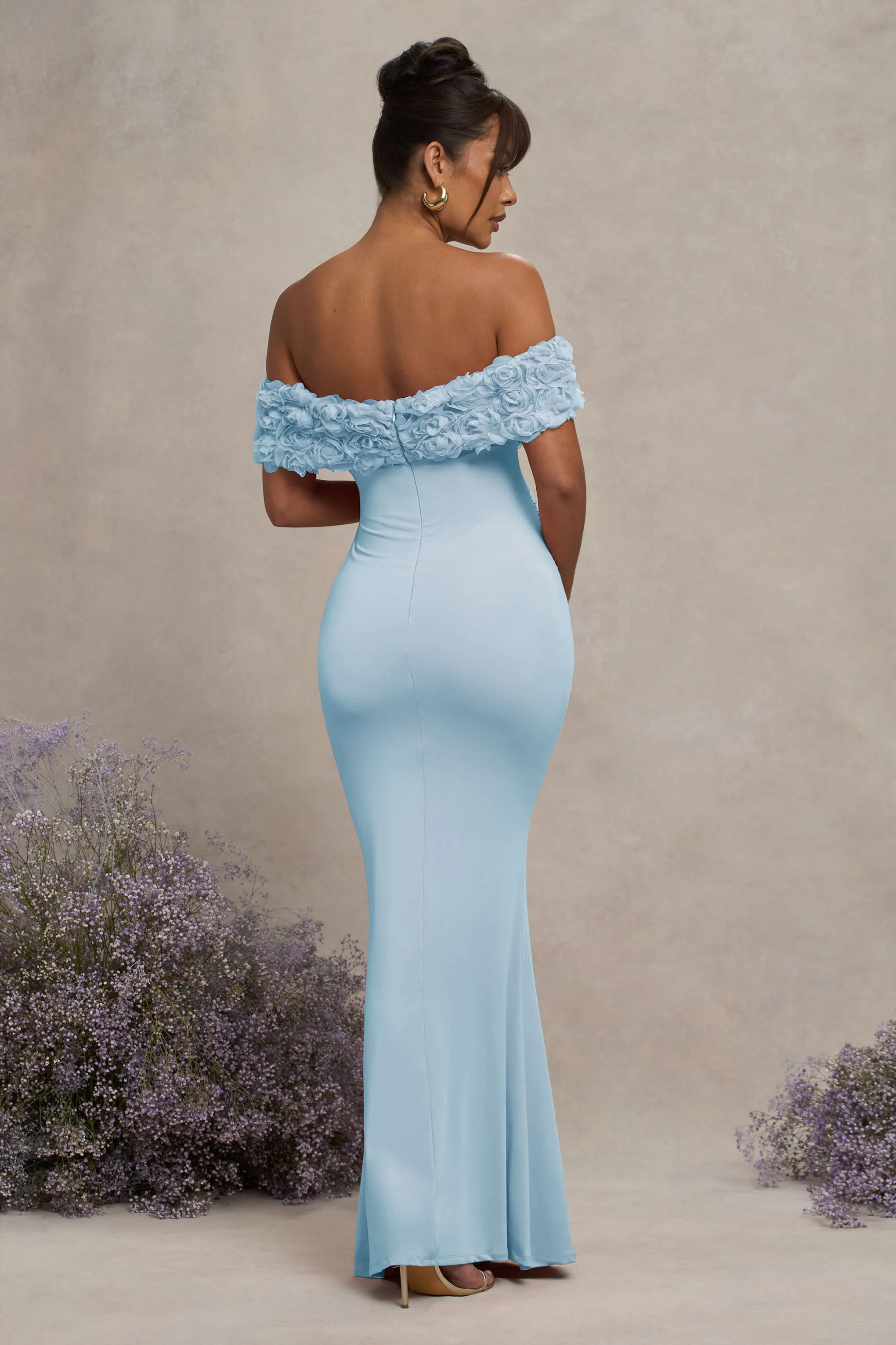 Inflorescence | Powder Blue Mesh Floral Bardot Maternity Maxi Dress - Image 2
