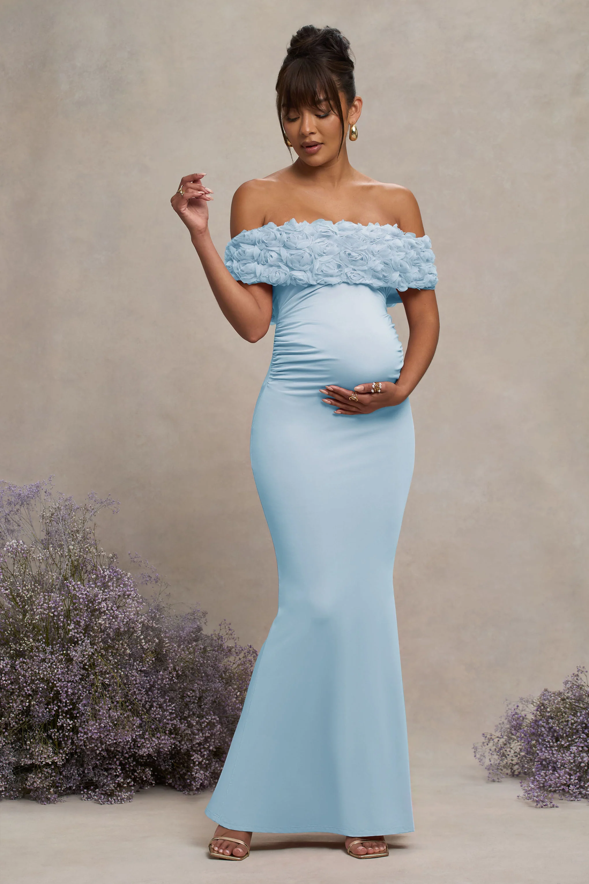 Inflorescence | Powder Blue Mesh Floral Bardot Maternity Maxi Dress - Image 4