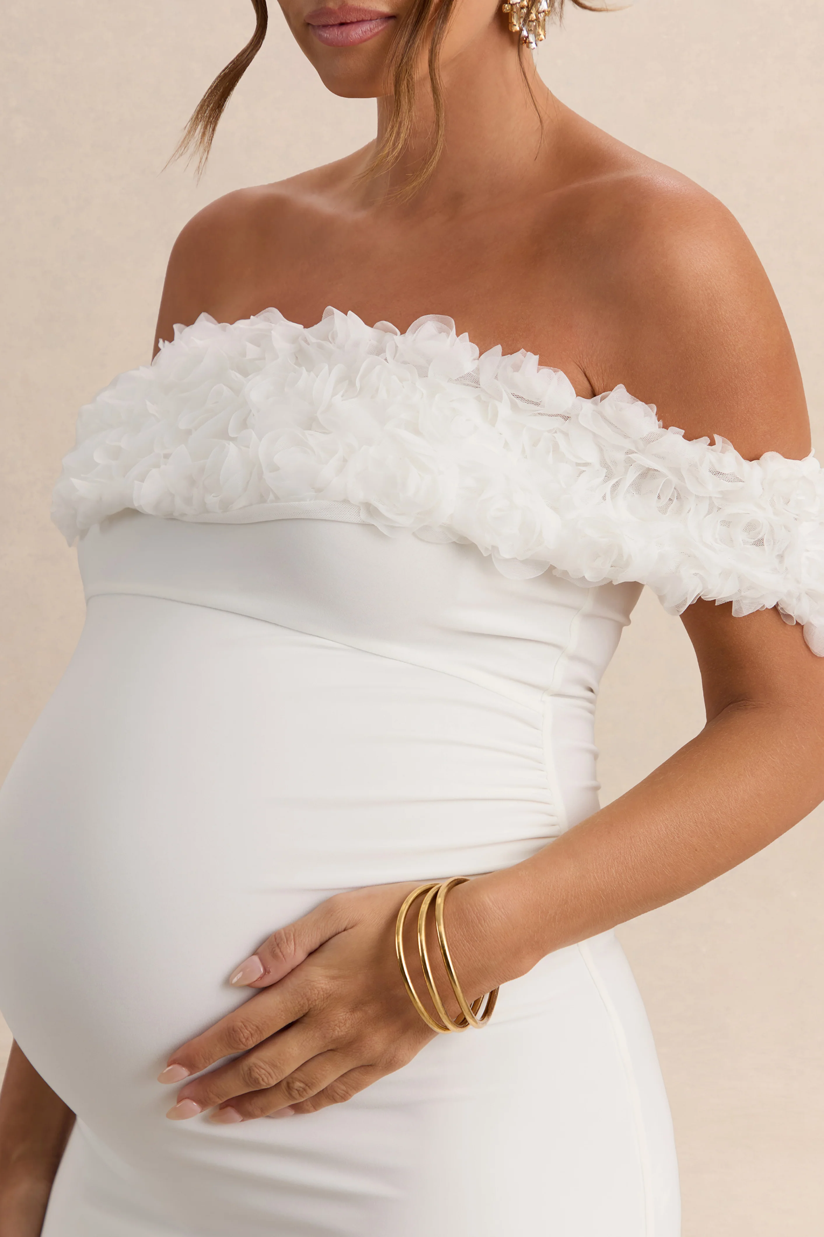 Inflorescence | White Mesh Floral Bardot Maternity Maxi Dress - Image 7