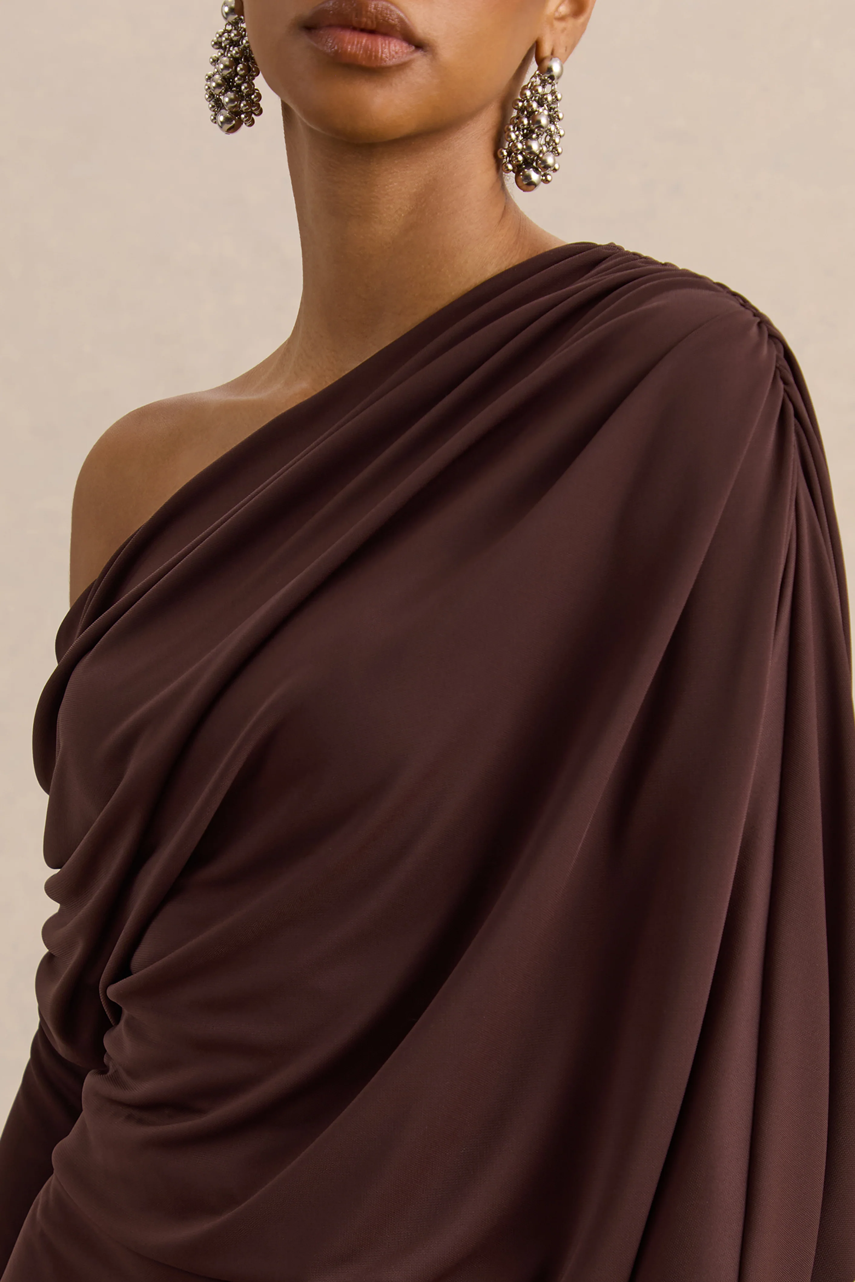 Inoria | Brown Asymmetric-Neck Mini Dress - Image 6