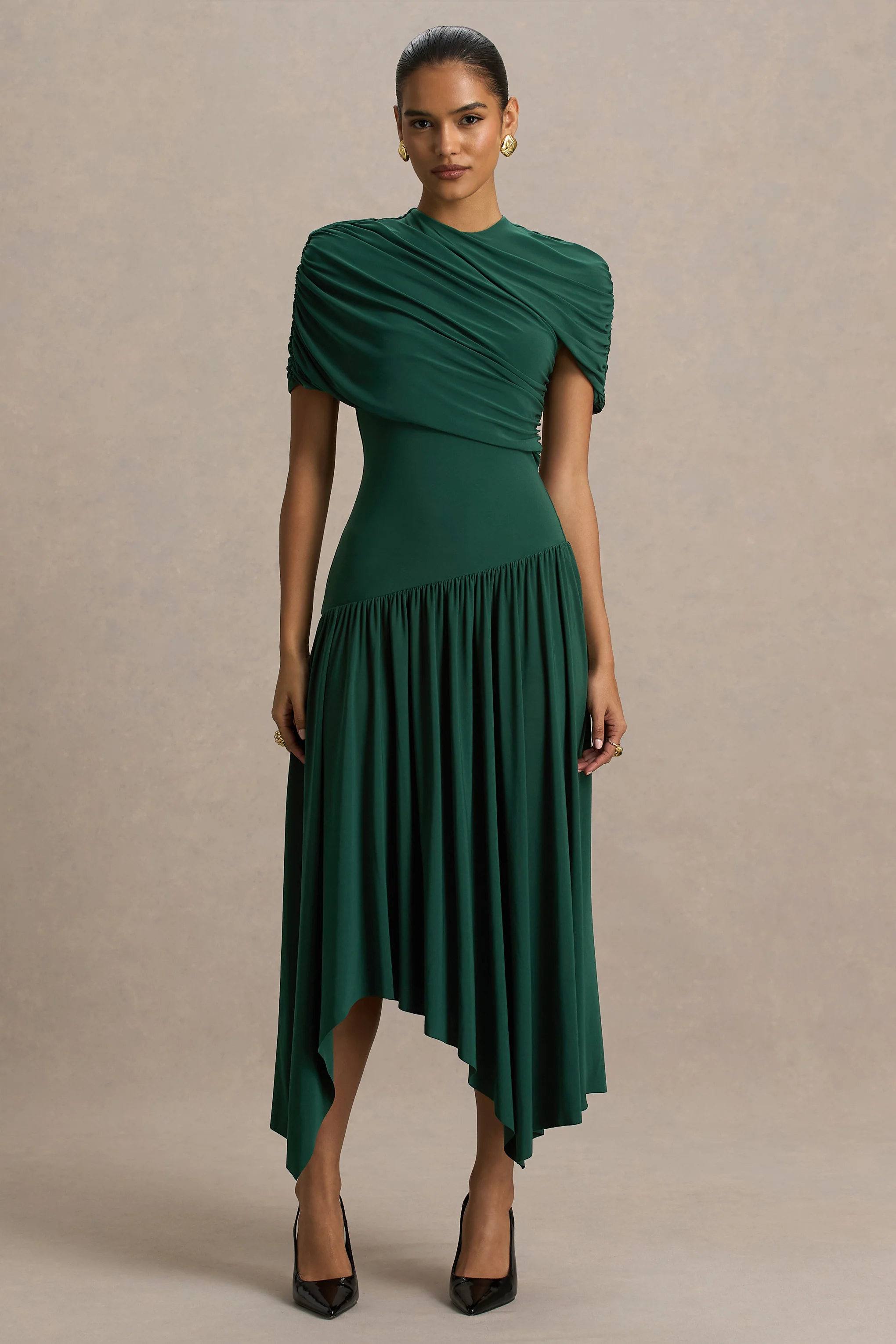 Ione | Teal Wrapped Midi Dress With Hanky Hem - Image 5