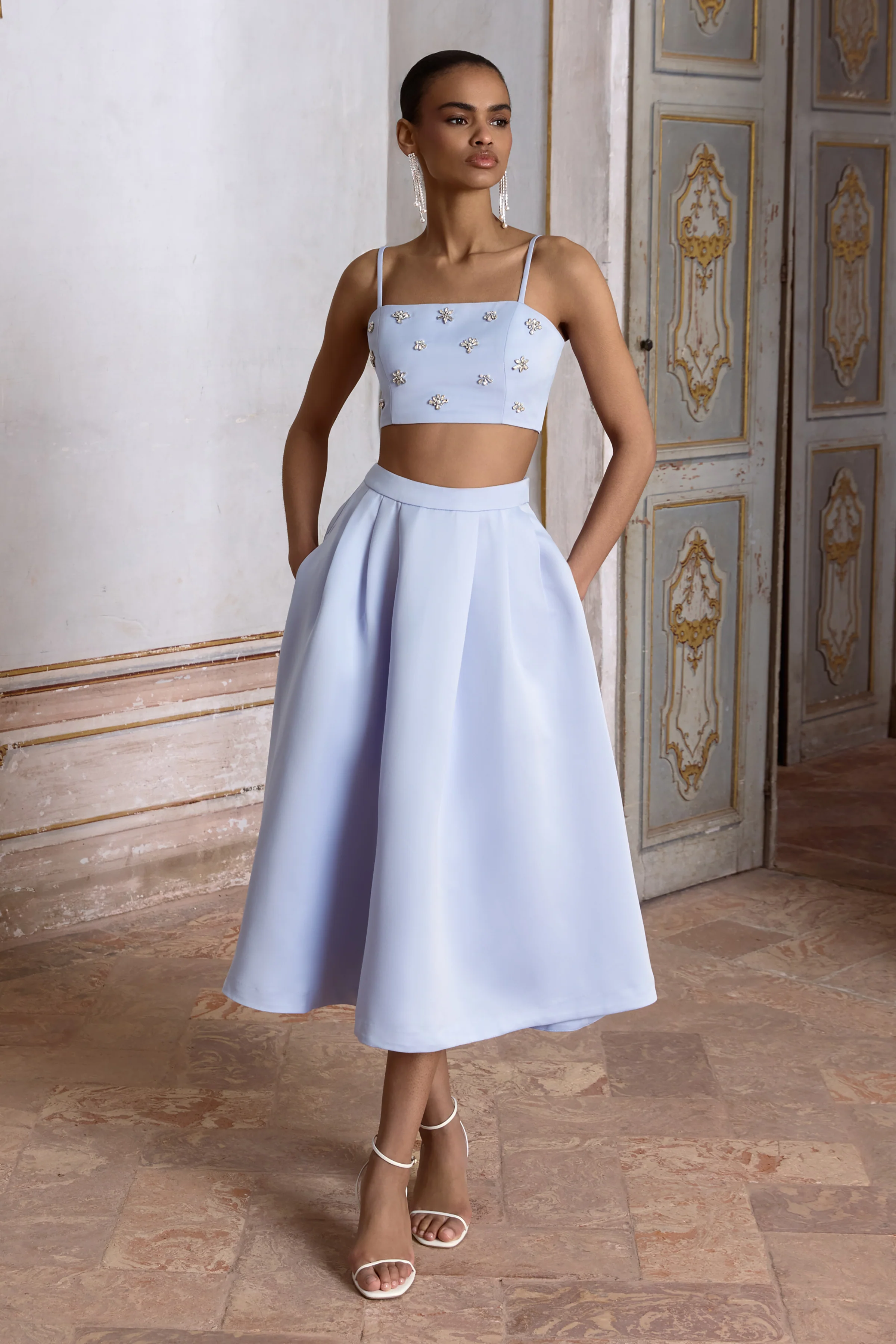 Iris | Blue Satin Pleated Midi Skirt - Image 7