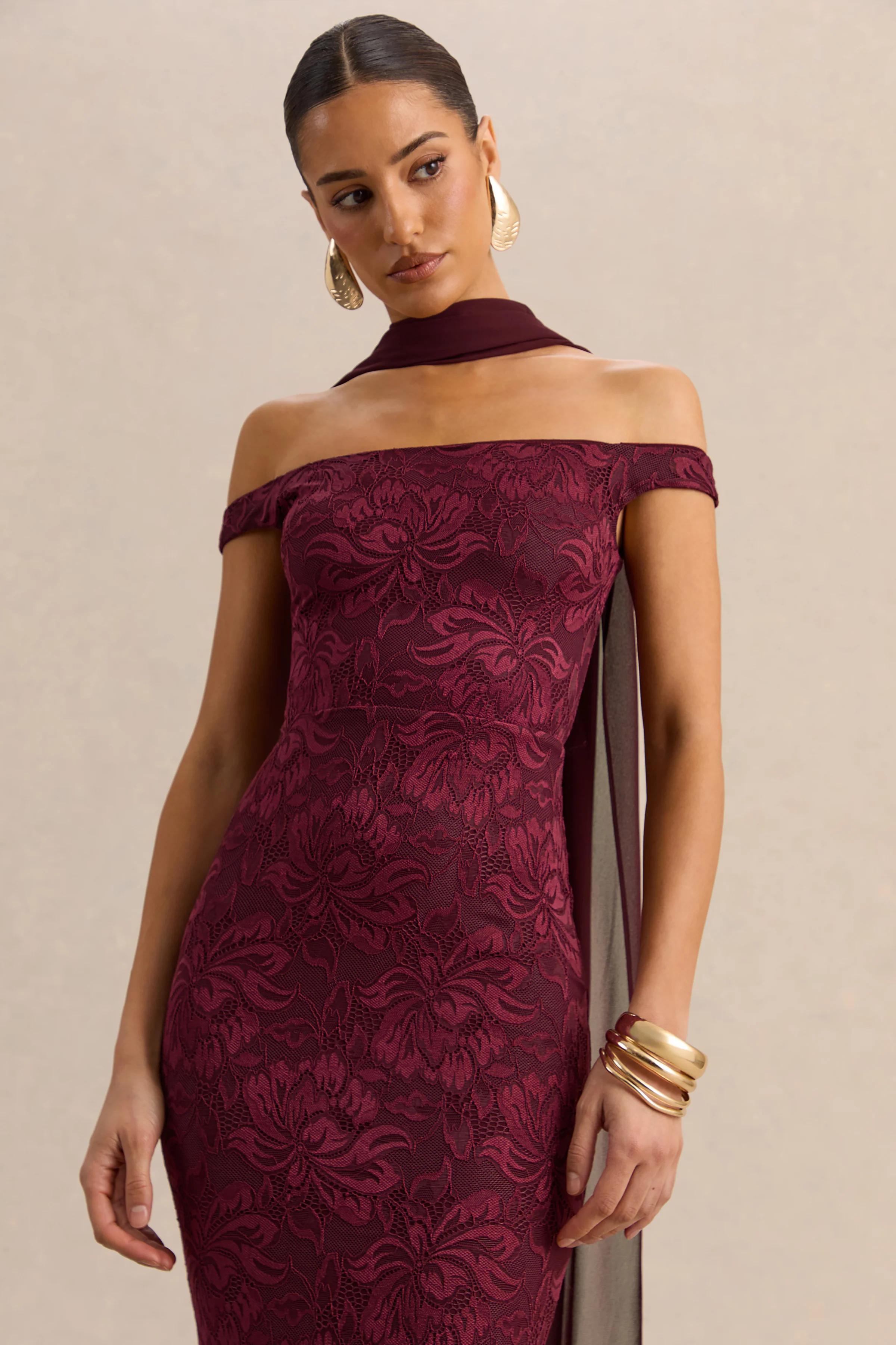 Iselle | Burgundy Lace Bardot-Neck Maxi Dress With Scarf-Detail - Image 3