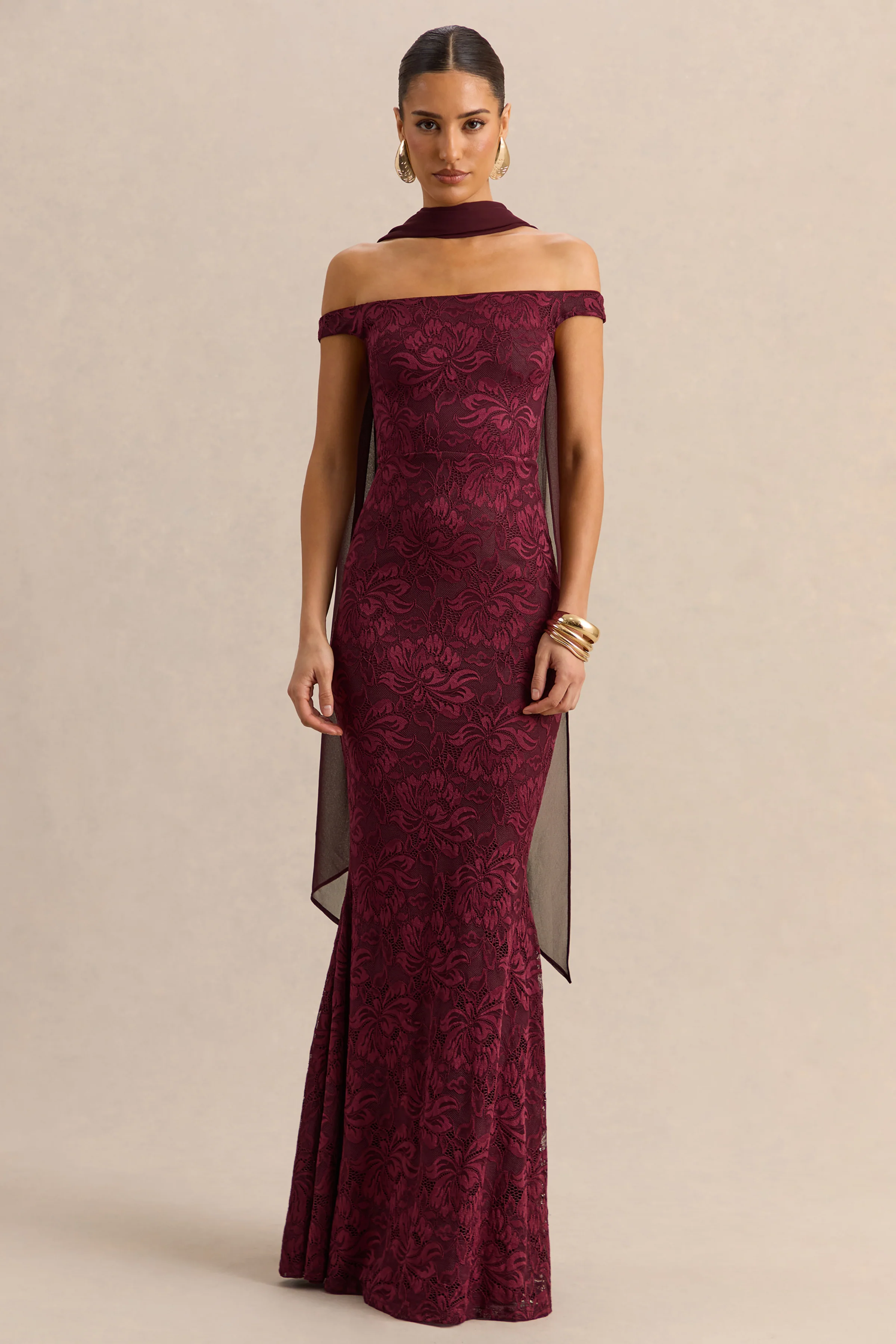 Iselle | Burgundy Lace Bardot-Neck Maxi Dress With Scarf-Detail - Image 5