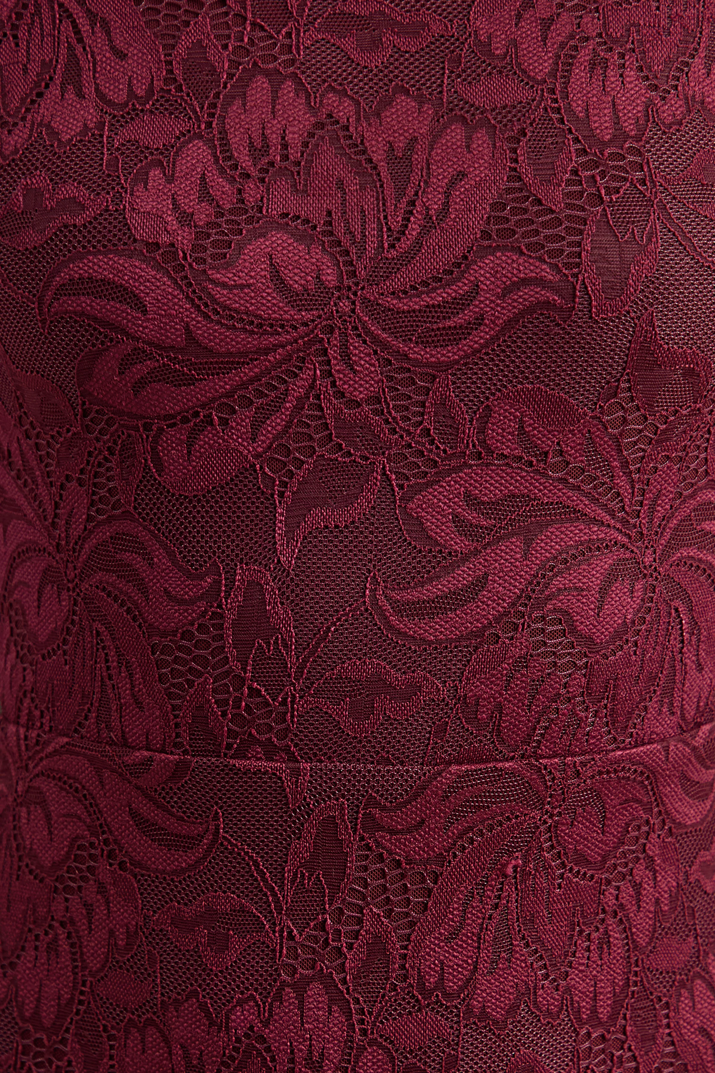 Iselle | Burgundy Lace Bardot-Neck Maxi Dress With Scarf-Detail - Image 6